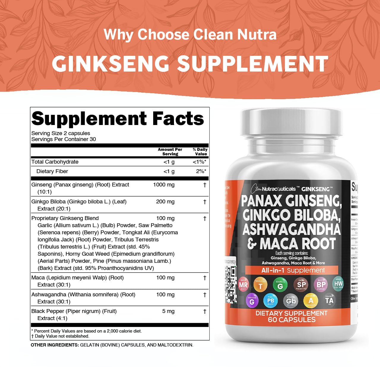 Premium Panax Ginseng Ginkgo Biloba Ashwagandha Maca Root Supplement - Natural Focus & Energy Booster for Men & Women - with Pine Bark Extract, Garlic & Saw Palmetto - 60 Vegan Capsules - Ideal for Workout, Study & Mental Clarity