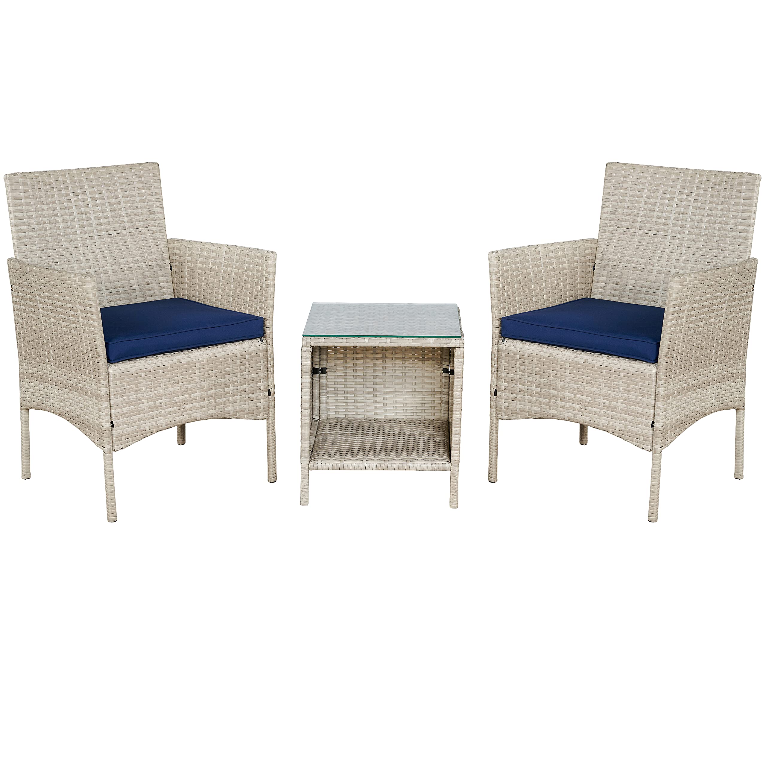 BTEXPERT 3-Piece Outdoor Wicker Bistro Set with Cushions - Patio Garden Furniture Conversation Set with Rattan Chairs & Glass Table (Stone Gray/Navy Blue) - Perfect for Small Spaces, Porch, Yard or Balcony Decor