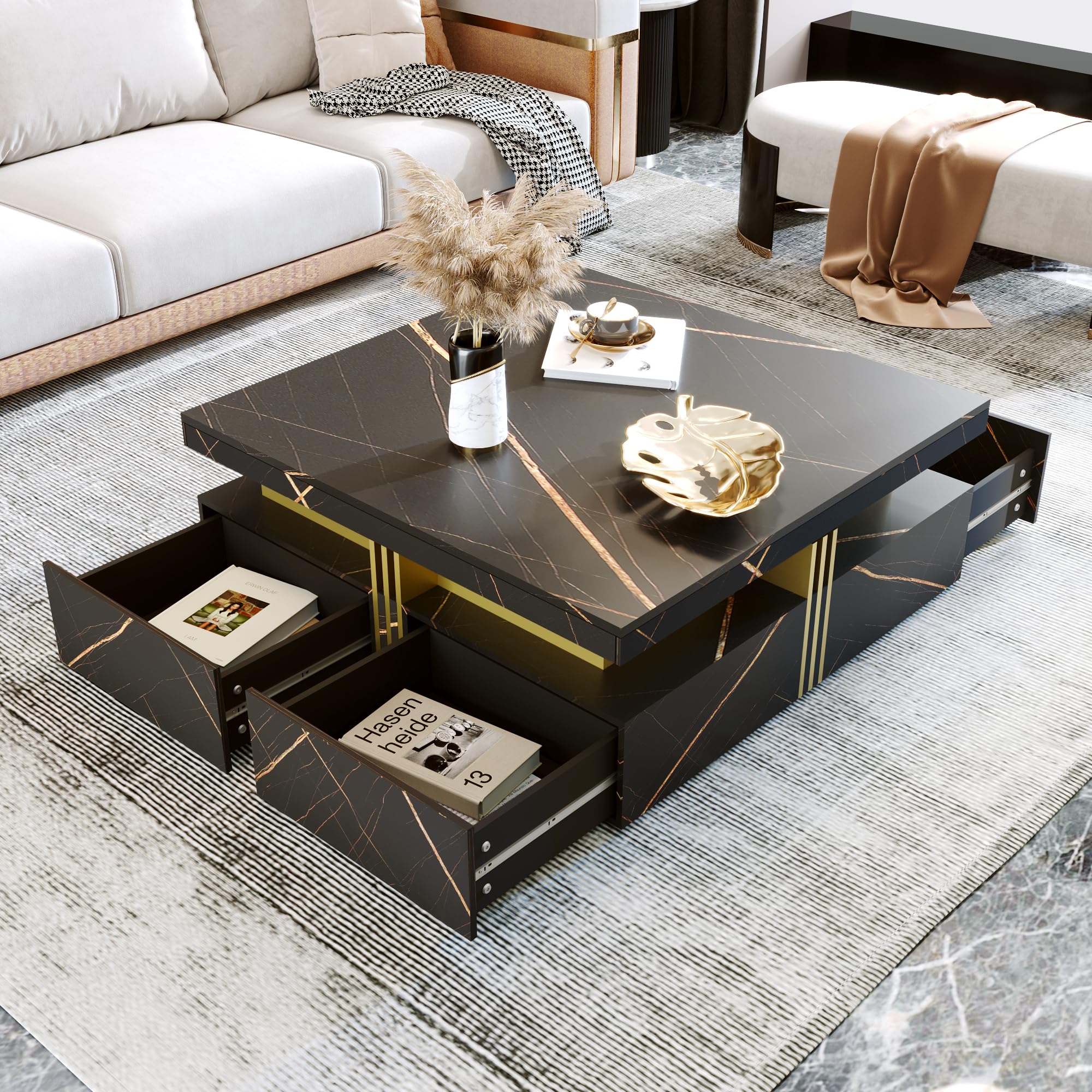 Modern Black & Gold Square Coffee Table with 4 Storage Drawers - Large Wooden Living Room Center Table with Hidden Storage - Perfect for Small Spaces, Apartments & Cozy Home Decor