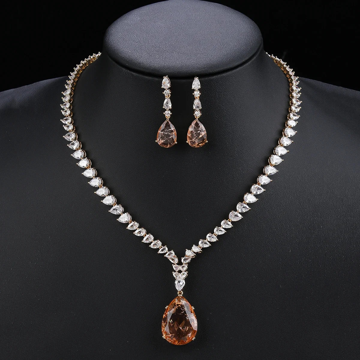 Elegant CZ Water Drop Cubic Zirconia Pendant Necklace & Earrings Set - Bridal Wedding Jewelry for Women - Perfect Gift for Anniversary, Engagement & Special Occasions (CN10536)