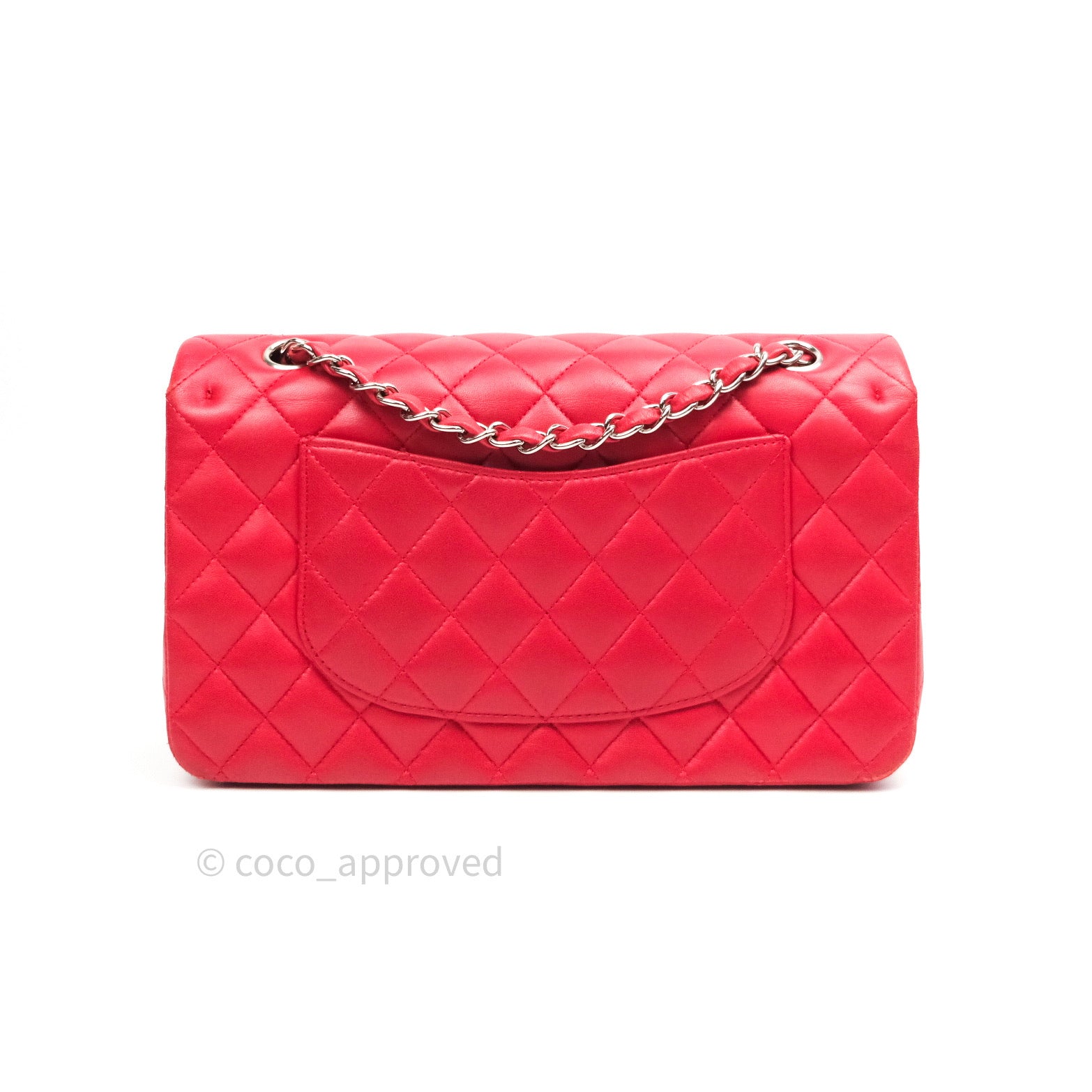 Chanel Classic Medium Double Flap Bag - Red Lambskin Leather with Silver Hardware | Luxury Handbag for Women, Perfect for Date Night & Special Occasions