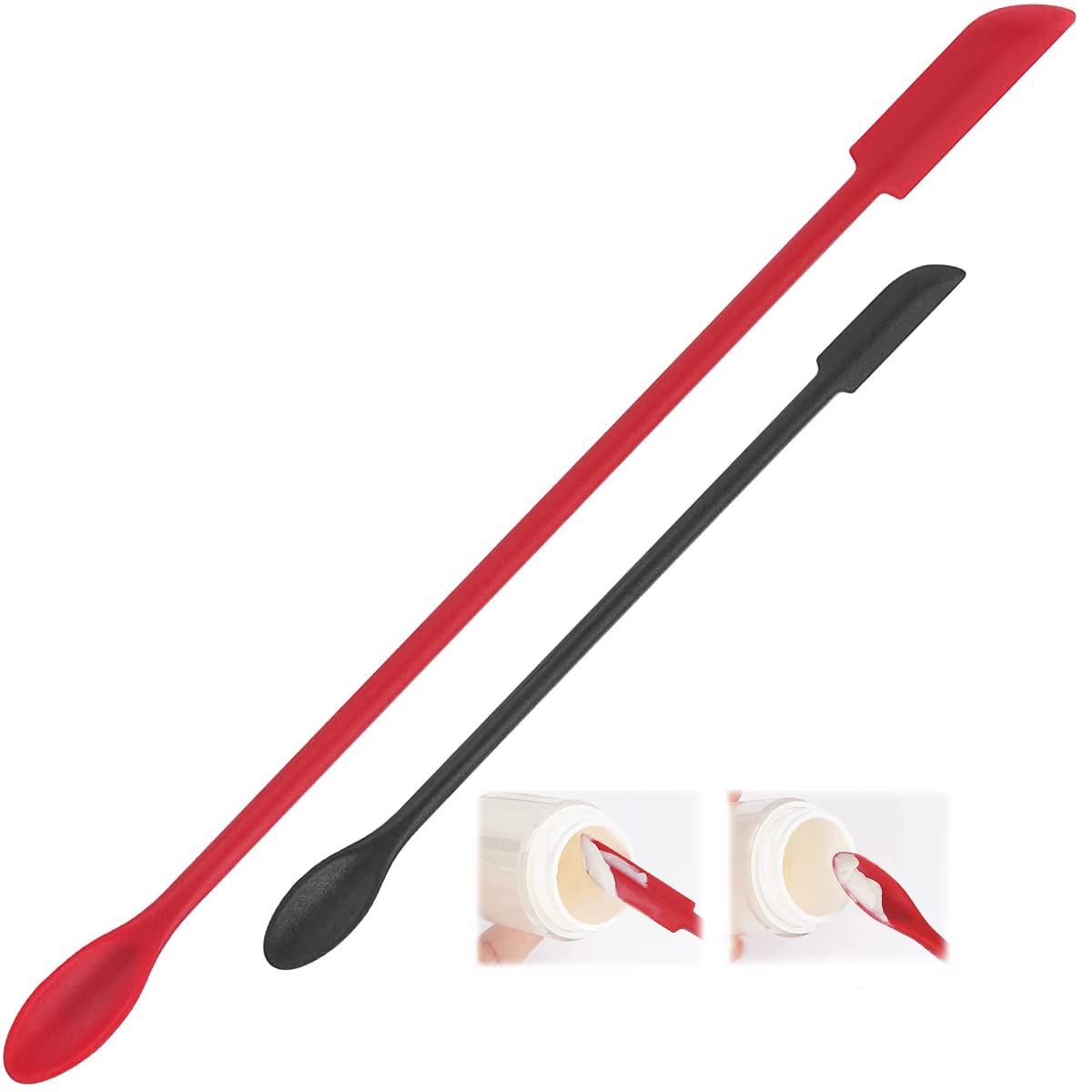 2 Pack Silicone Makeup Spatulas - Mini Cosmetic Jar Scraper Set for Lotion, Cream & Beauty Products - Reusable Black & Red Small Spatulas to Get Every Last Drop - Perfect for Makeup Kits, Travel & Skincare Routine