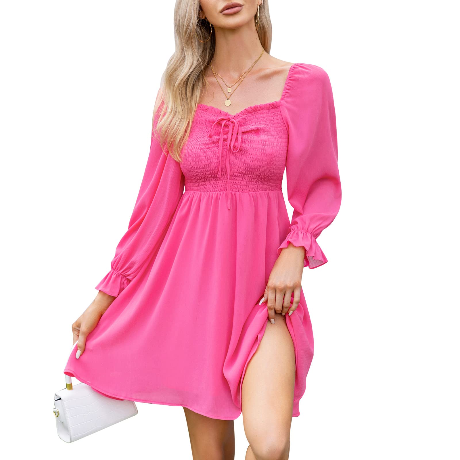 Byinns Women's Summer Flowy Mini Dress with Sweetheart Neckline, Puff Long Sleeves & Ruffle Hem - Elegant Smocked Waist Wedding Guest Dress for Parties, Date Night & Special Occasions