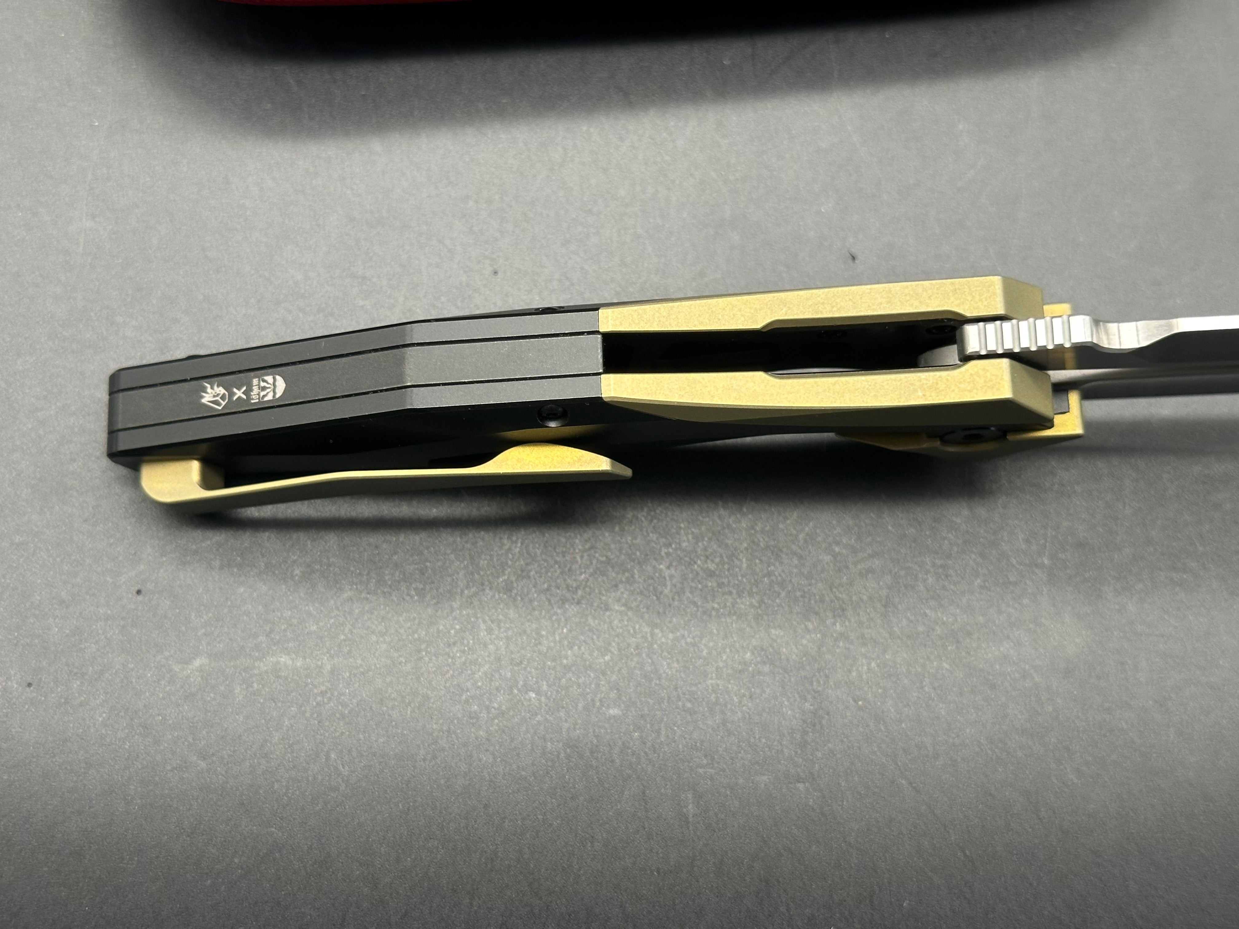 Arcane Design Plexus Black DLC Titanium Frame Knife with Gold Titanium Bolster Inlays - Modified Tanto Blade in M390 Steel - EDC, Outdoor, Tactical, and Collection Use