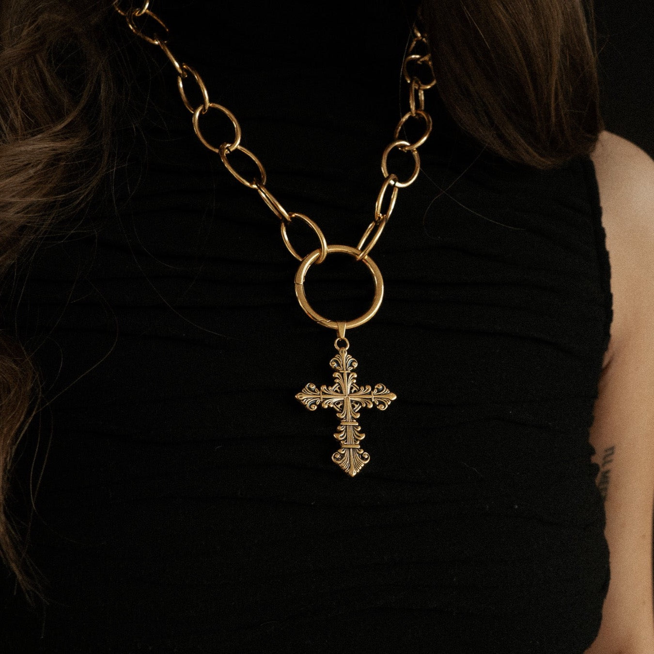 Charm Coven Lament Cross Pendant Necklace - 14K Gold Gothic Jewelry for Women - Perfect for Halloween, Witchy Aesthetic & Dark Fashion Accessories