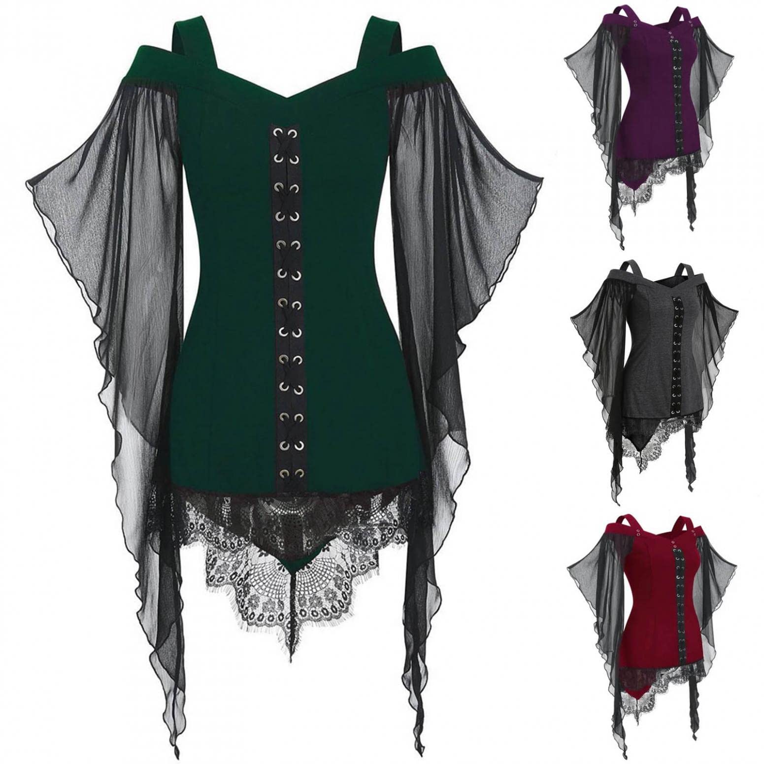 Gothic Women's Tops - Sexy Mesh Sheer Butterfly Sleeve Blouse with Corset Lace Detail | Renaissance Steampunk Gothic Clothing for Parties, Cosplay & Dark Fashion