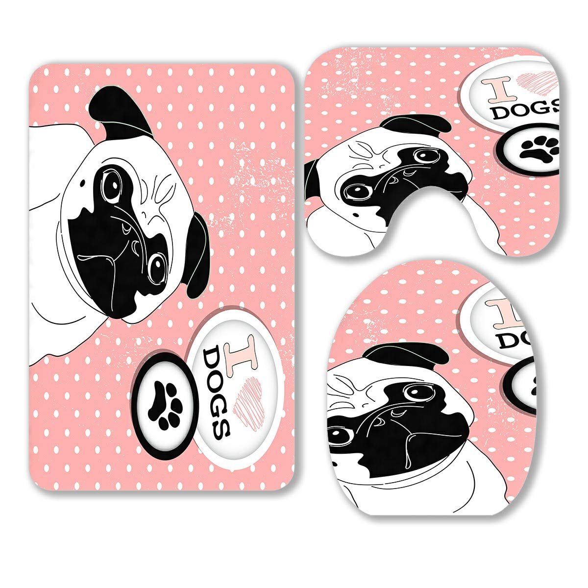 ECZJNT I Love Pugs! Adorable 3-Piece Bathroom Rug Set - Non-Slip Pug Print Bath Mat, Contour Mat & Toilet Lid Cover - Perfect for Dog Lovers' Bathroom Decor (Grey)