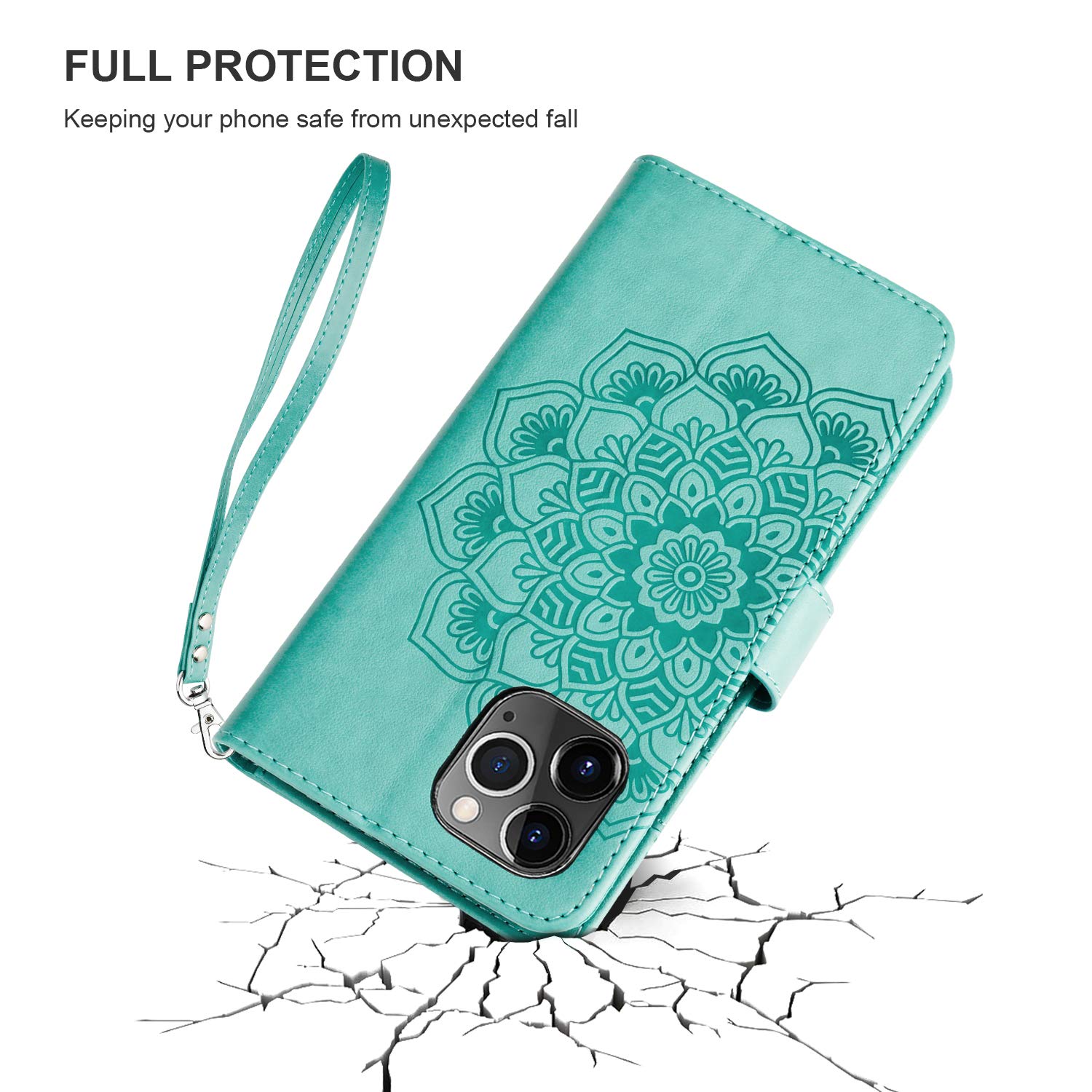 KIHUWEY iPhone 12 Pro Max Wallet Case (6.7 Inch) - PU Leather Mandala Flower Embossed Cover with Card Holder, Wrist Strap, Kickstand & Lanyard | Protective Phone Purse for Women | Mint Green | Perfect for Travel, Shopping & Everyday Use