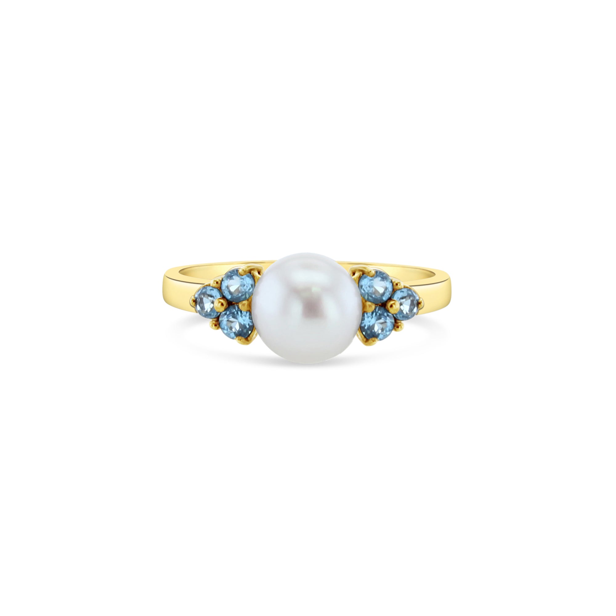 14k Yellow Gold Pearl Ring with Blue Topaz Accents - Elegant Jewelry for Weddings, Anniversaries & Special Occasions