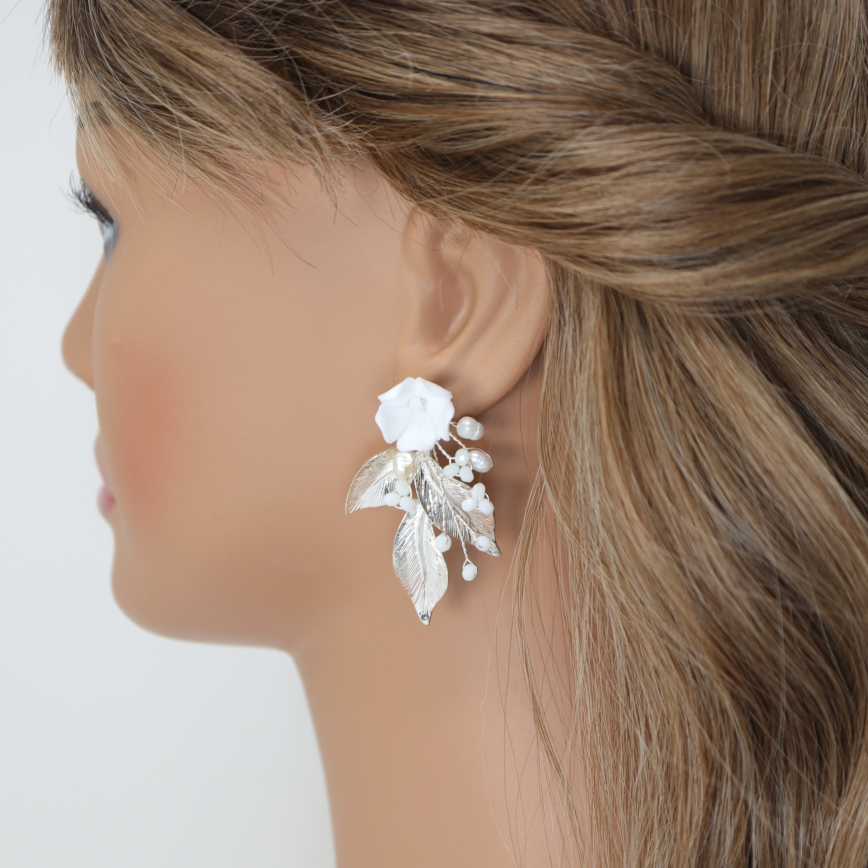 Natural Cultured Freshwater Pearl Earrings with Ceramic White Flower & Long Leaves - Elegant Bridal Jewelry, Crystal Statement Earrings for Weddings, Parties & Special Occasions