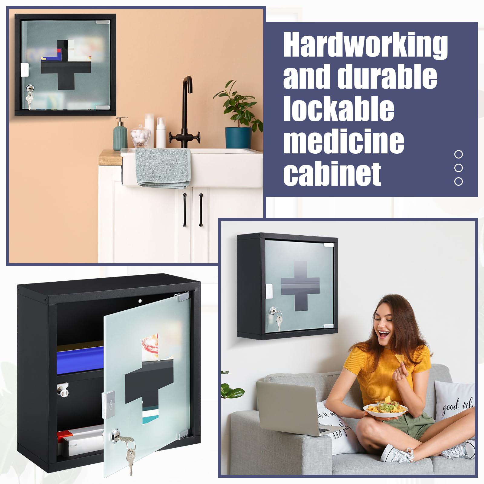 Timgle Lockable Wall Mounted First Aid Cabinet - Medicine Storage Organizer with Safety Glass Door, 2 Shelves, Black - Perfect for Bathroom, Kitchen & Home Medical Supply Organization