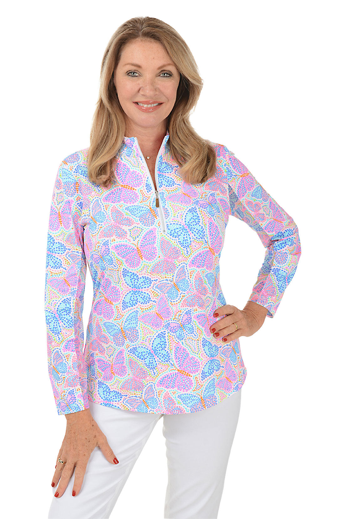 Butterfly Print Cooling UPF50+ Mock Neck T-Shirt for Women - Sun Protection & Breathable Summer Top for Outdoor Activities