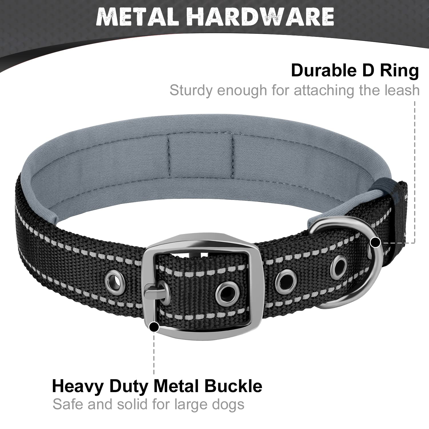 Joytale Adjustable Neoprene Padded Dog Collar for Medium Dogs - Reflective Heavy Duty Pet Collar with Durable Metal Buckle - Perfect for Walking, Training & Outdoor Adventures (Black, Medium)