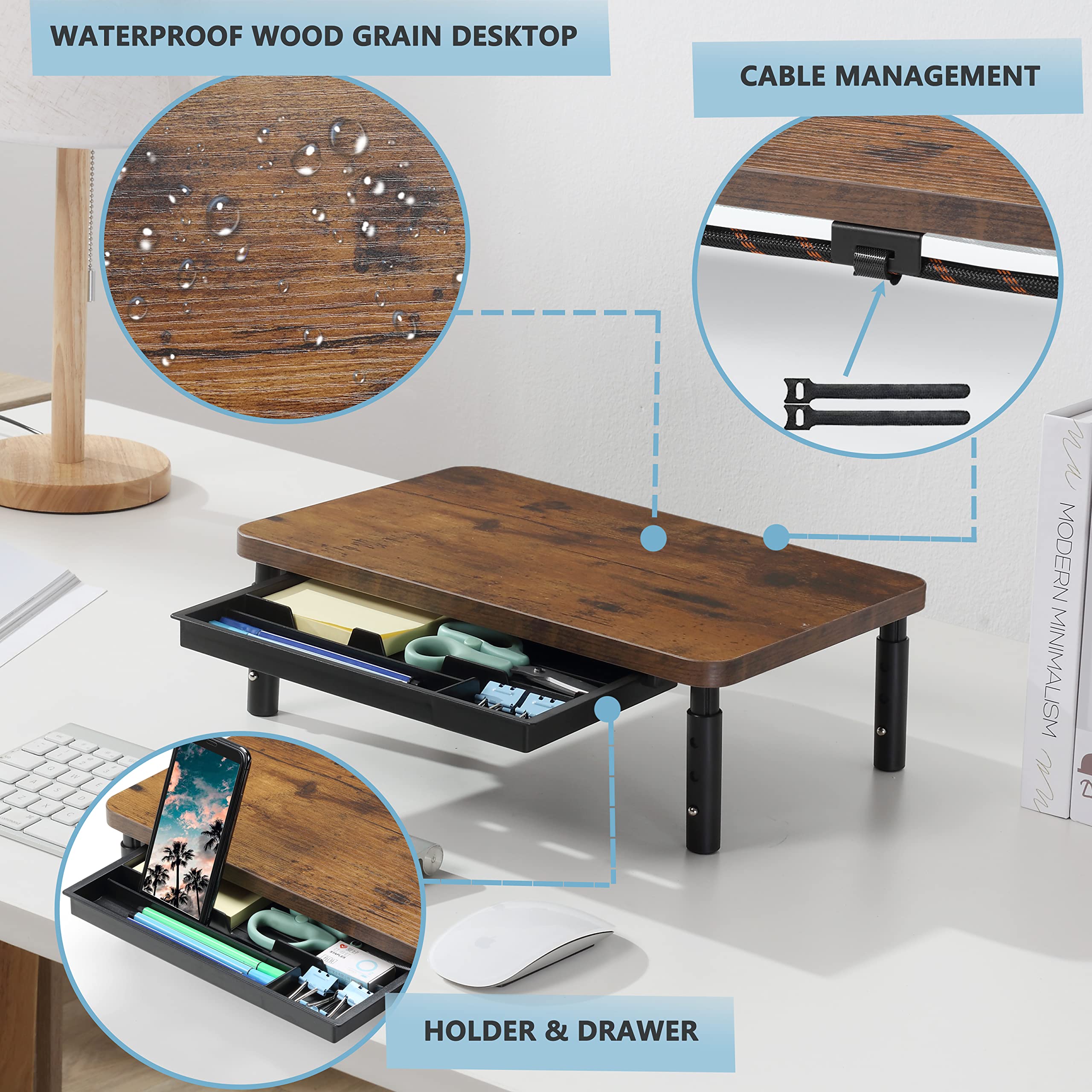Adjustable Wood Monitor Stand Riser with Storage Drawer - 3 Height Settings for Computer, Laptop, Printer & iMac - Ergonomic Desk Organizer for Home & Office Workspace (Perfect for Dual Monitors, Gaming Setup & Workspace Organization)
