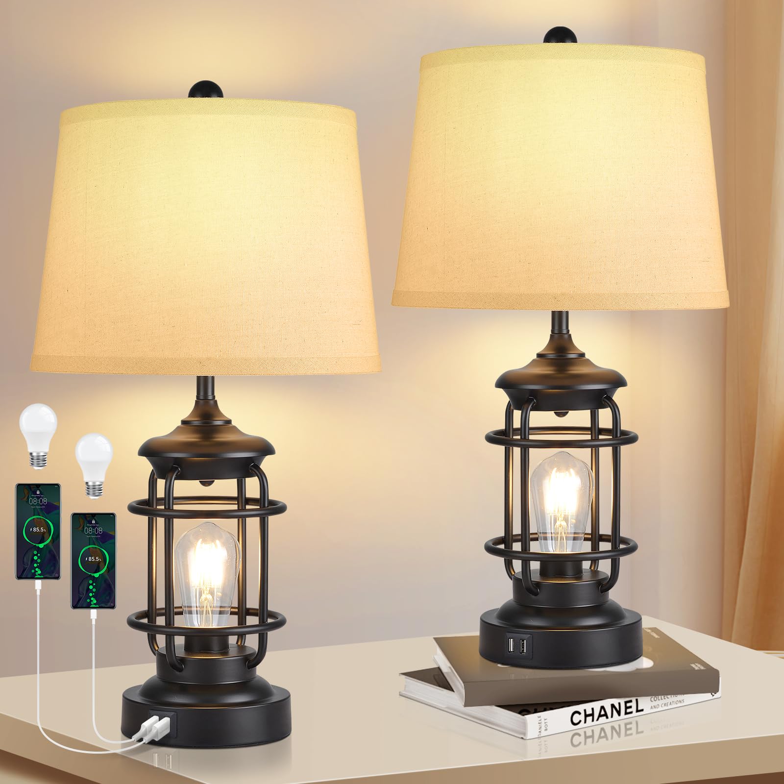 AKASUKI Farmhouse Table Lamps Set of 2 - 3-Way Dimmable Touch Control Bedside Lamps with USB Charging Port & Rotary Switch, Rustic Industrial Nightstand Desk Lamps for Living Room, Bedroom, Office (Includes 4 LED Bulbs) - Perfect for Reading, Working & Creating Cozy Ambiance