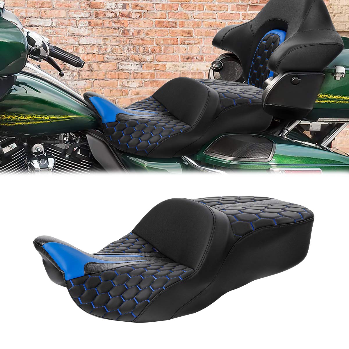 **Premium Two-Up One-Piece Rider & Passenger Seat for Harley Touring Models (2009-2023) – Road King, Street Glide, Road Glide, Electra Glide, Tri Glide, Ultra Classic – Comfortable Long-Distance Riding for Couples**    *(Ideal for road trips, touring adventures, and comfortable rides with a passenger on Harley-Davidson motorcycles.)*