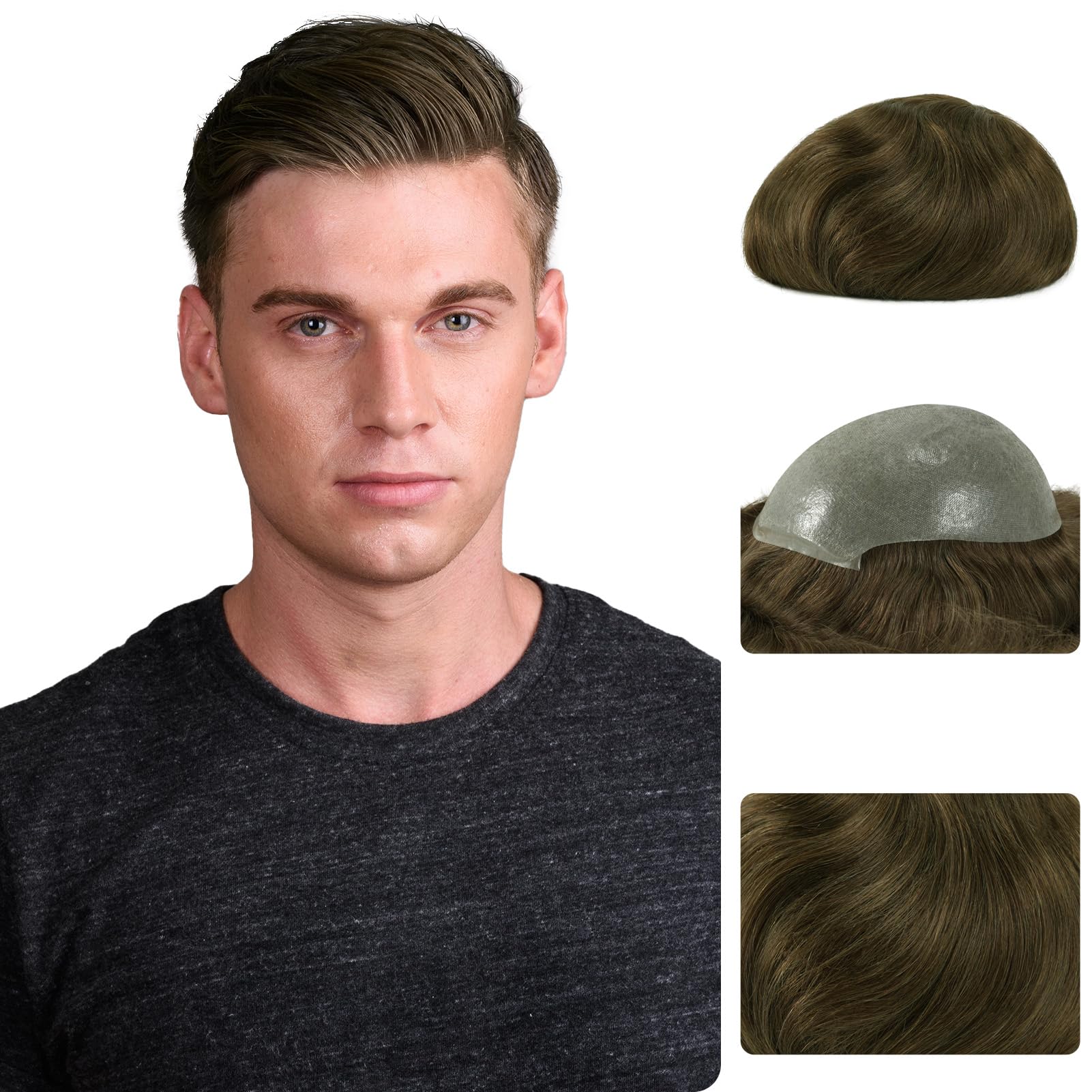 Zakya Men's Hair Replacement System - 0.06mm Ultra Thin Skin Base with Real Human Hair V-Looped Hairpiece (8x10 Inch, Medium Brown #5) - Natural Looking Solution for Thinning Hair & Baldness | Perfect for Daily Wear, Special Occasions & Confidence Boost