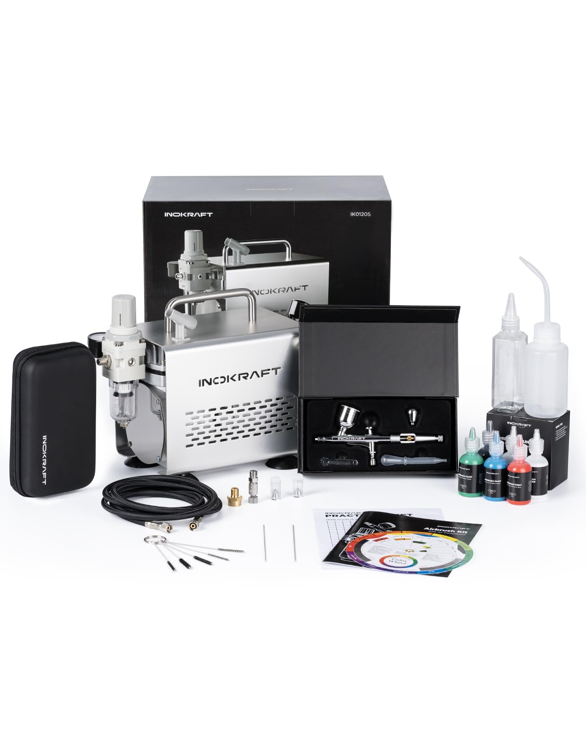 InoKraft Professional Airbrush Kit with 1/6 HP Quiet Air Compressor - 3 Nozzle Sizes (0.2mm, 0.3mm, 0.5mm) - Includes Hose, Holder & 4 Color Paint Set - Perfect for Model Painting, Cake Decorating, T-Shirt Design & DIY Art Projects