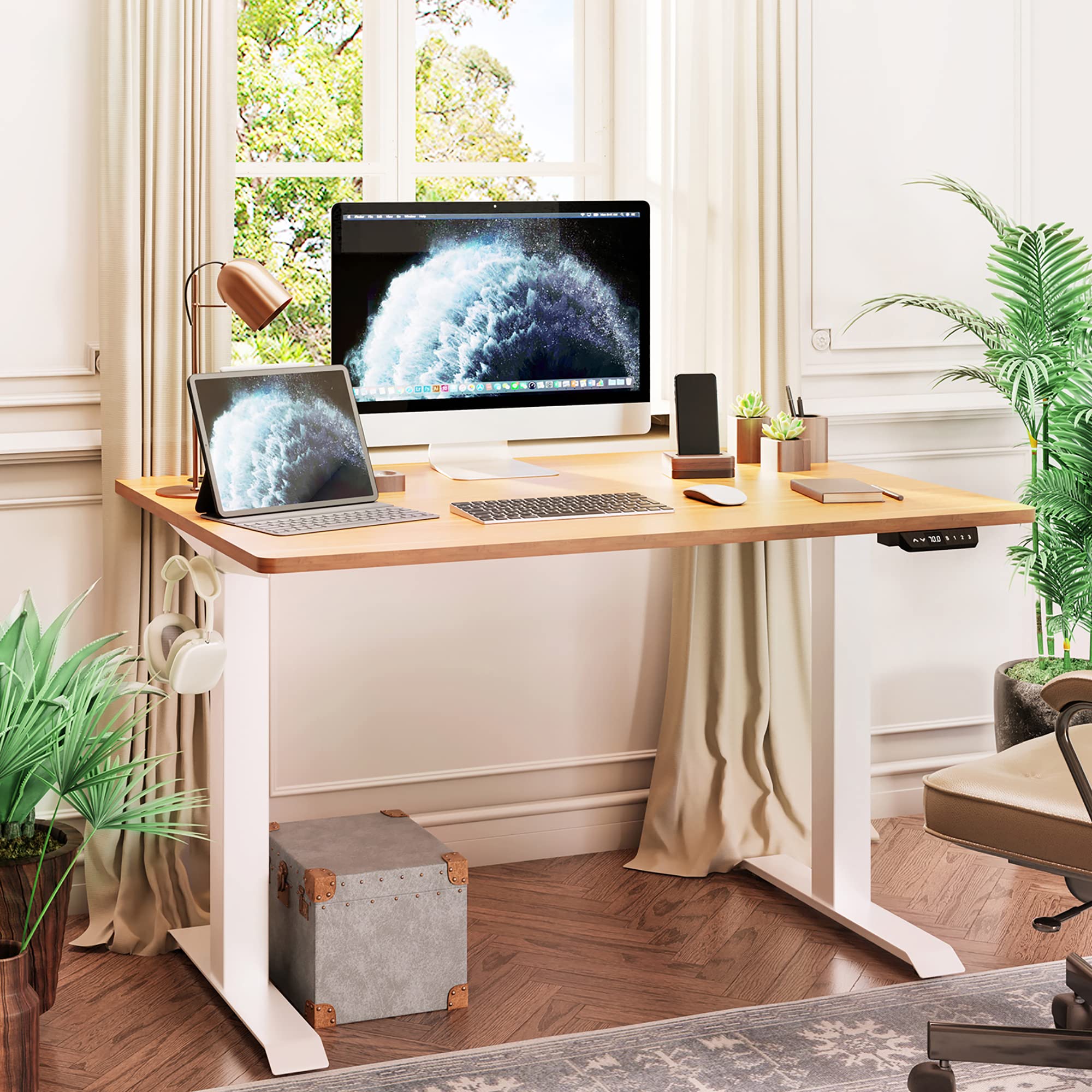 Shintenchi 48 x 24 Inch Electric Height Adjustable Standing Desk - White Frame with Walnut Top - Sit Stand Home Office Desk with Splice Board for Computer Workstation | Perfect for Remote Work, Gaming & Study Setup