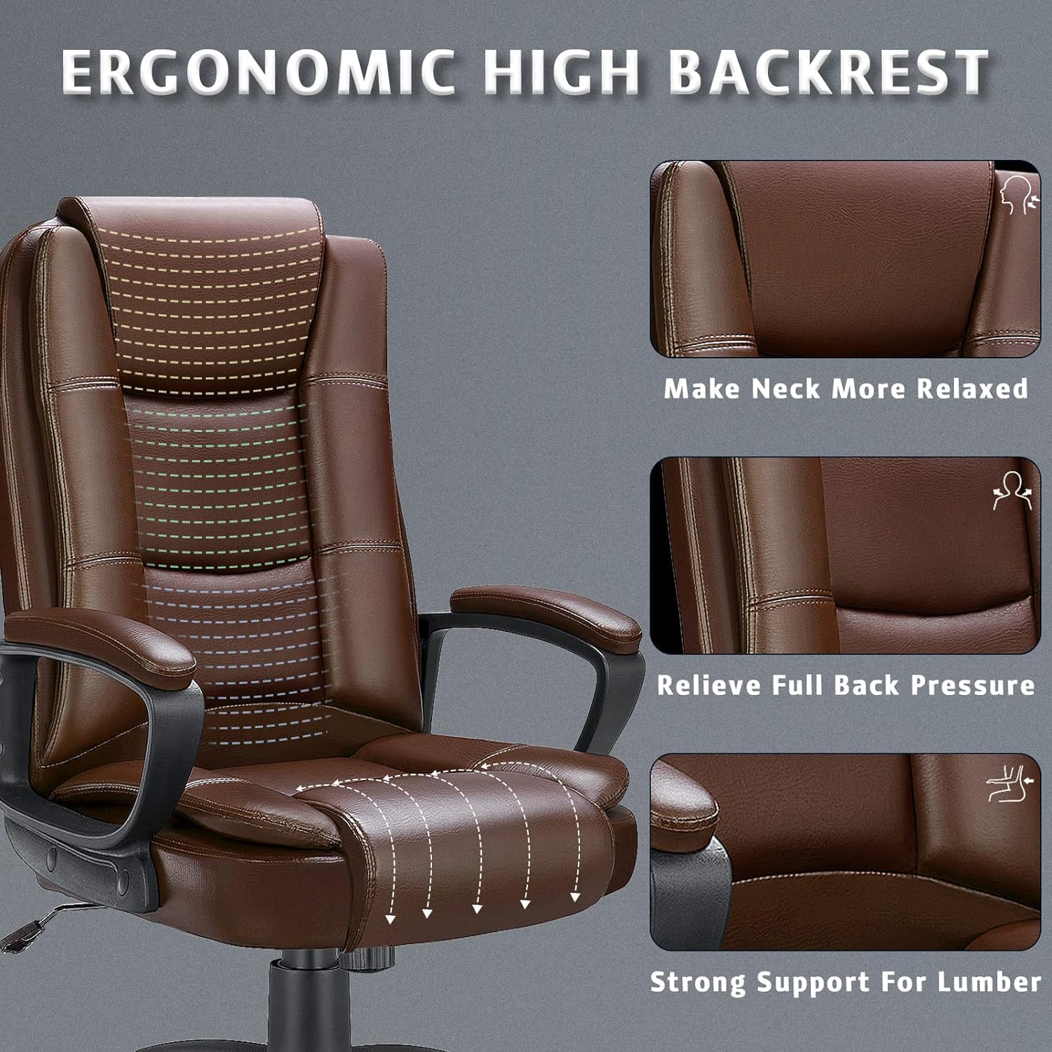 Lemberi Ergonomic Office Chair - High Back Executive Desk Chair with Adjustable Height, PU Leather & Cushion Support for Big and Tall Users - Perfect for Home Office, Gaming & Long Work Sessions (Brown)