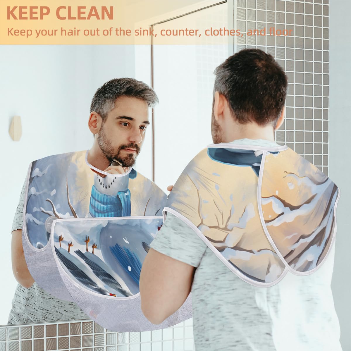 Men's Waterproof Shaving Bib & Hair Dye Apron - Snowman Print Artist Cape for Beard Trimming, Haircut & Makeup - Sink Protector for Barbershops & Home Grooming - Perfect Gift for Men & Women