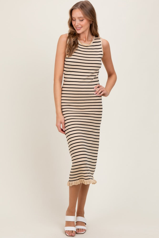 Beige Striped Knit Sleeveless Ruffle Hem Maternity Midi Dress for Pregnancy, Nursing & Special Occasions - Comfortable Summer Dress for Baby Shower, Beach Vacation & Photoshoot