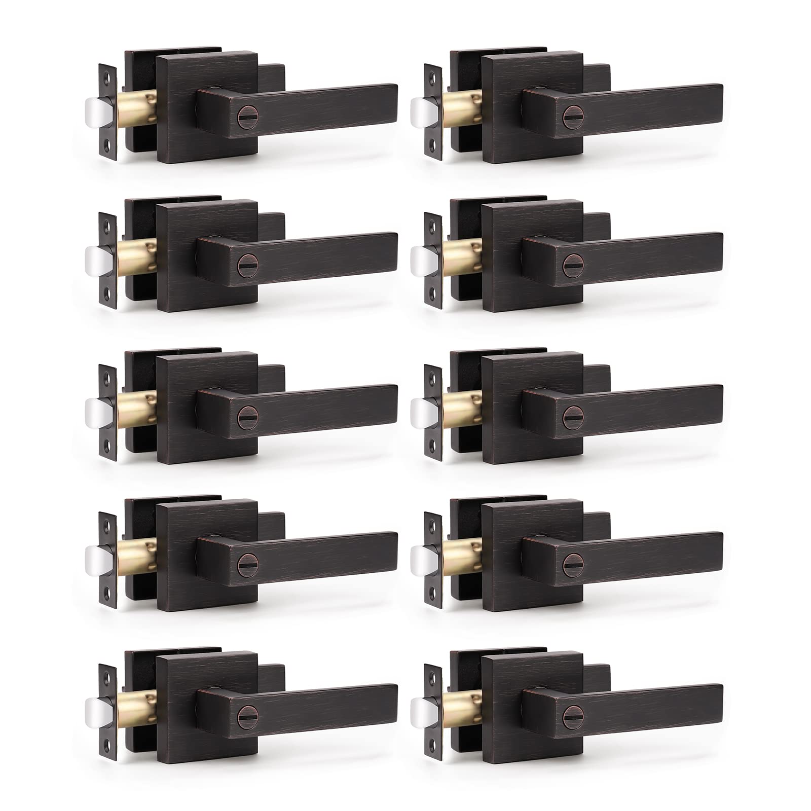 Heavy Duty Privacy Door Lever Lock - Keyless Interior Door Handles (10 Pack) - Oil Rubbed Bronze Finish - 2.07 lb - Left/Right Handed - Perfect for Bedrooms, Bathrooms & Home Security
