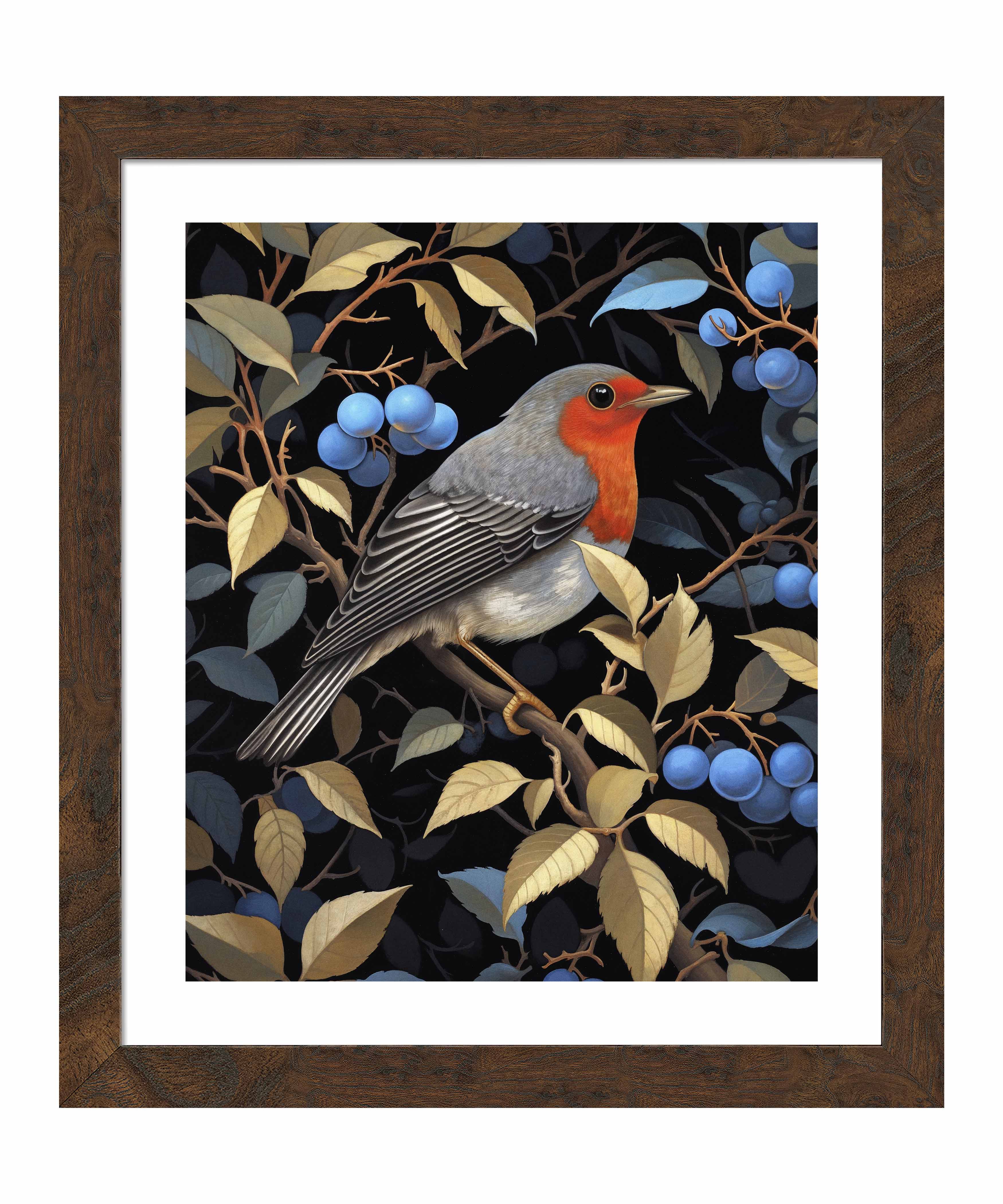 Crimson Song Robin Among Blueberries Wall Art Print - Beautiful Bird Painting for Home Decor, Living Room, Bedroom & Office