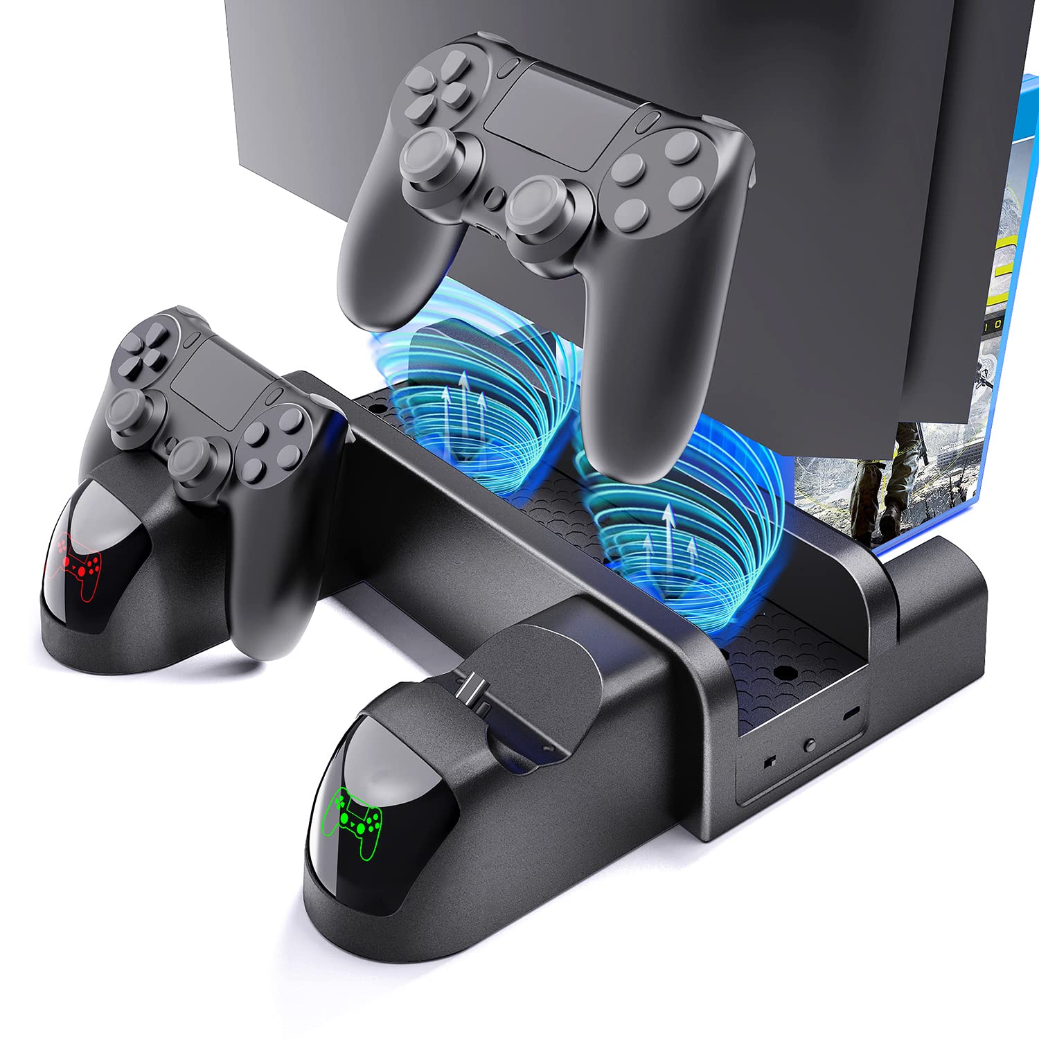 VGBUS PS4 Stand Cooling Fan Station for Playstation 4/PS4 Slim/PS4 Pro - Vertical Charging Dock with Dual Controller Charger, USB Port & 12 Game Storage Slots - Perfect for Gaming Setup & Console Protection