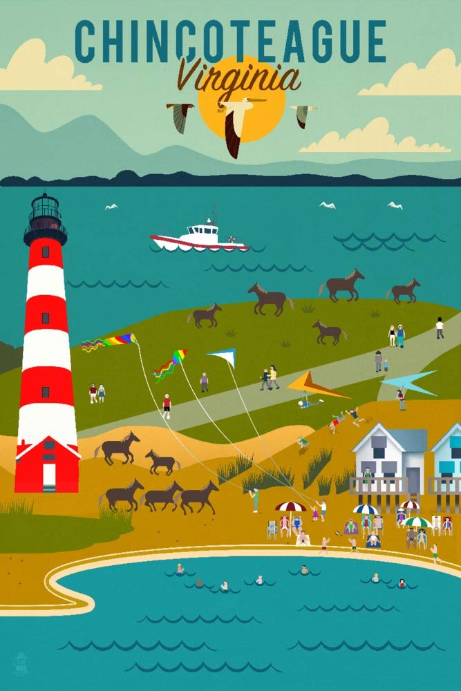 Chincoteague Virginia Beach Ocean Lighthouse Geometric Wall Art Poster - 12x18 Inches Coastal Decor for Living Room, Bedroom & Office