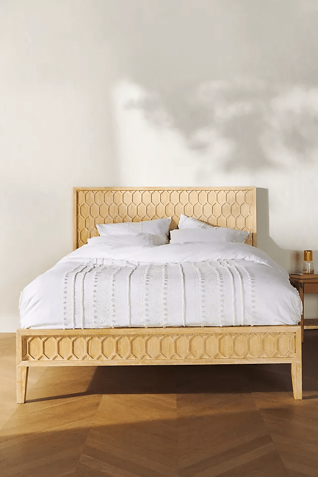 Hand Carved Textured Trellis Wooden Platform Bed - Natural Finish Queen/King Size Bed Frame with Headboard | Modern Farmhouse Bedroom Furniture for Master Bed, Guest Room & Dorm