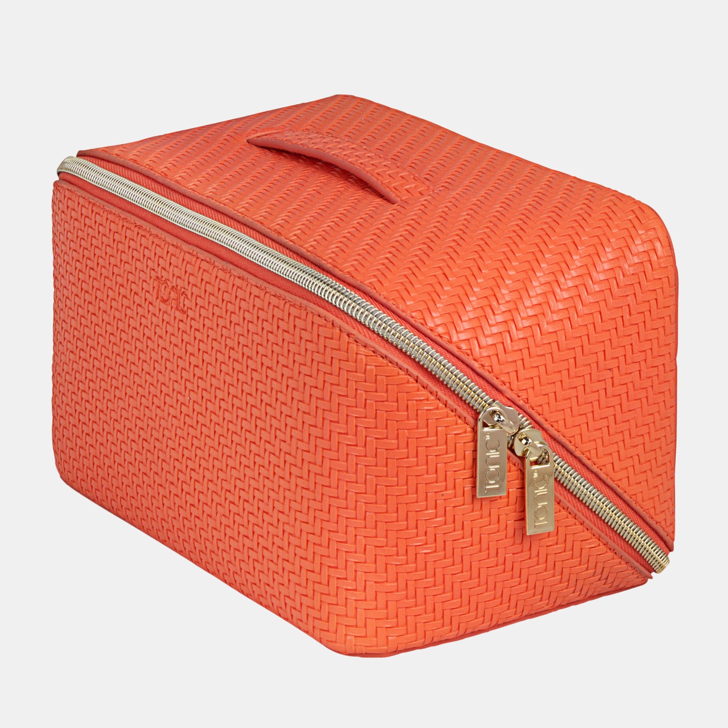 Large Beauty Makeup Organizer Bag - Herringbone Tangerine Orange Cosmetic Case for Travel, Gym & Daily Essentials Storage