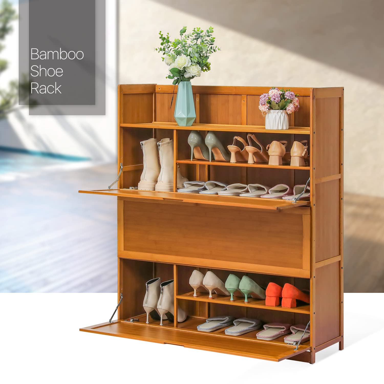 MoNiBloom 7-Tier Bamboo Shoe Storage Cabinet with Pull-Down Doors - Holds 26-30 Pairs of Shoes - Boots & Sneakers Organizer for Entryway, Hallway, Mudroom - Space-Saving Brown Shoe Rack for Home Organization