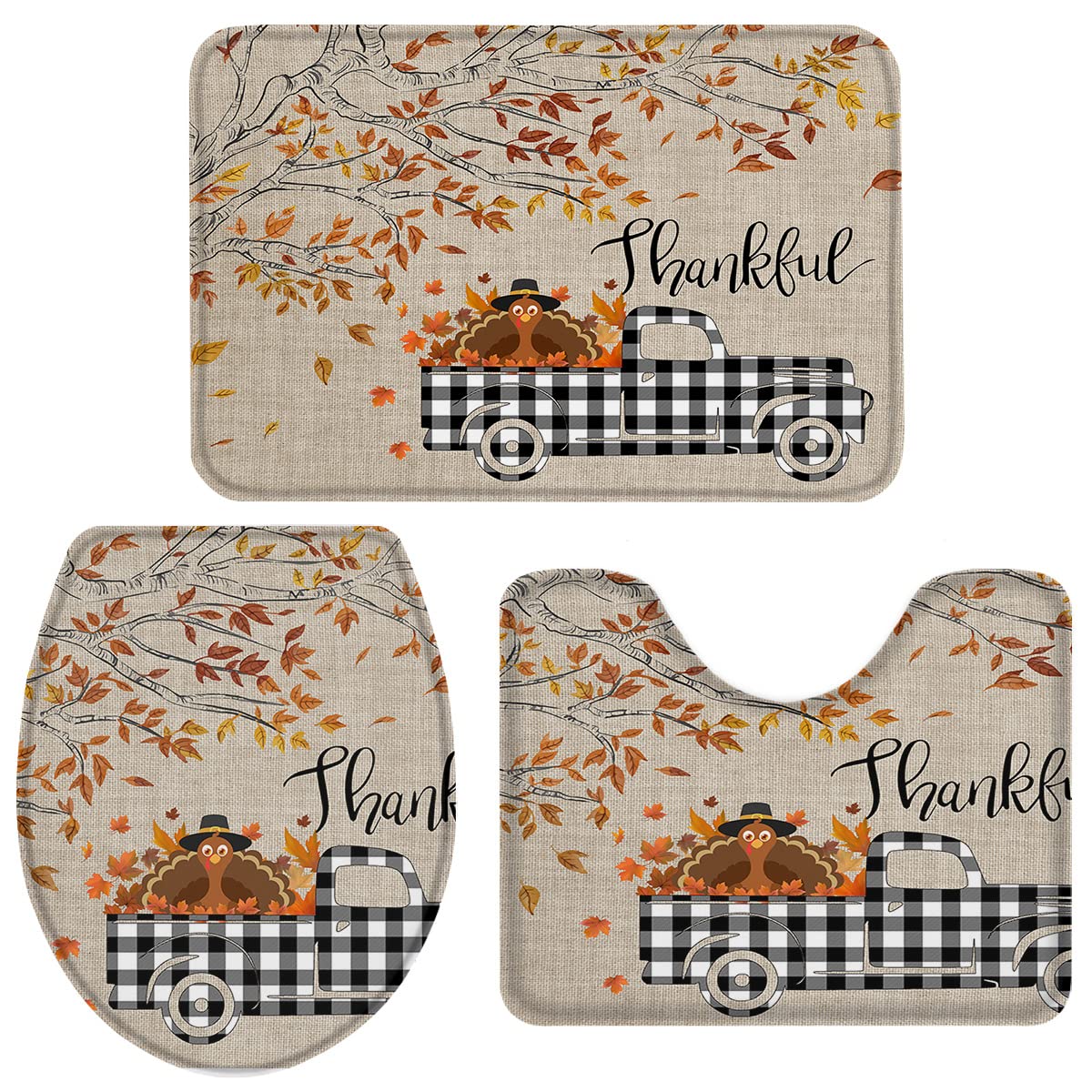 3 Piece Bathroom Rugs Set - Non-Slip U-Shaped Mat, Toilet Lid Cover & Absorbent Bath Mat - Farmhouse Style with Buffalo Turkey & Maple Leaves Design - Perfect for Thanksgiving Decor & Cozy Bathroom Comfort