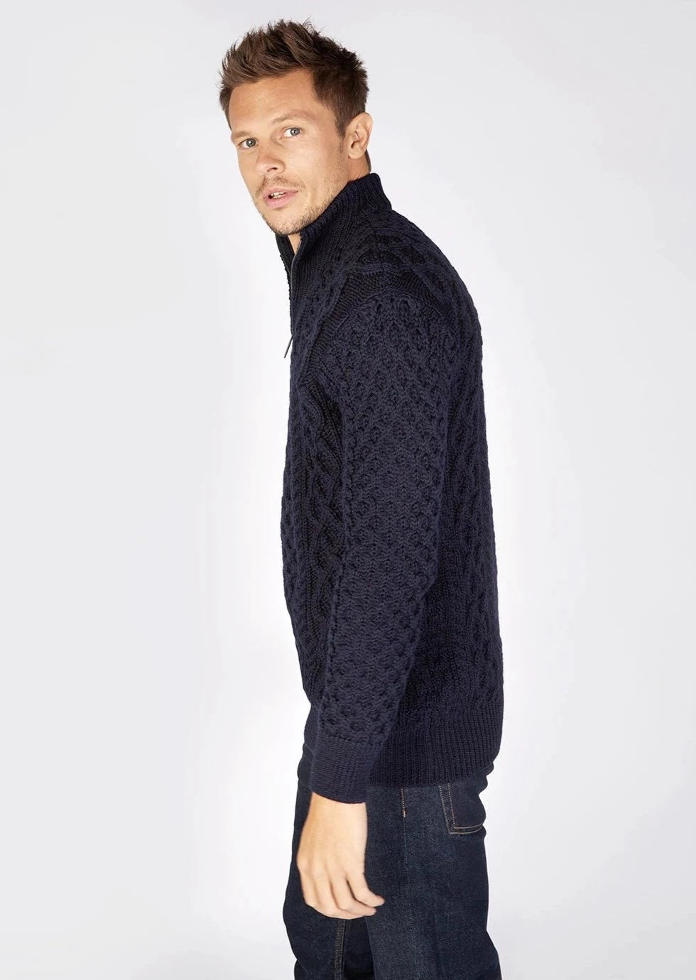 Ireland's Eye Men's Dromore Aran Sweater - 100% Wool Cable Knit Irish Sweater for Men | Warm Winter Pullover for Casual Wear & Outdoor Activities (Navy Blue)