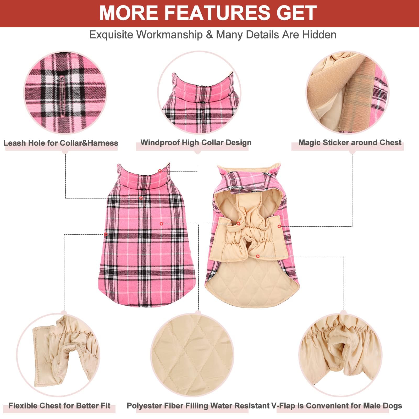 MIGOHI Reversible Dog Jacket - Windproof Waterproof Winter Coat for Small Medium Large Dogs, British Style Plaid Warm Vest (Pink) - Perfect for Cold Weather Walks & Outdoor Adventures