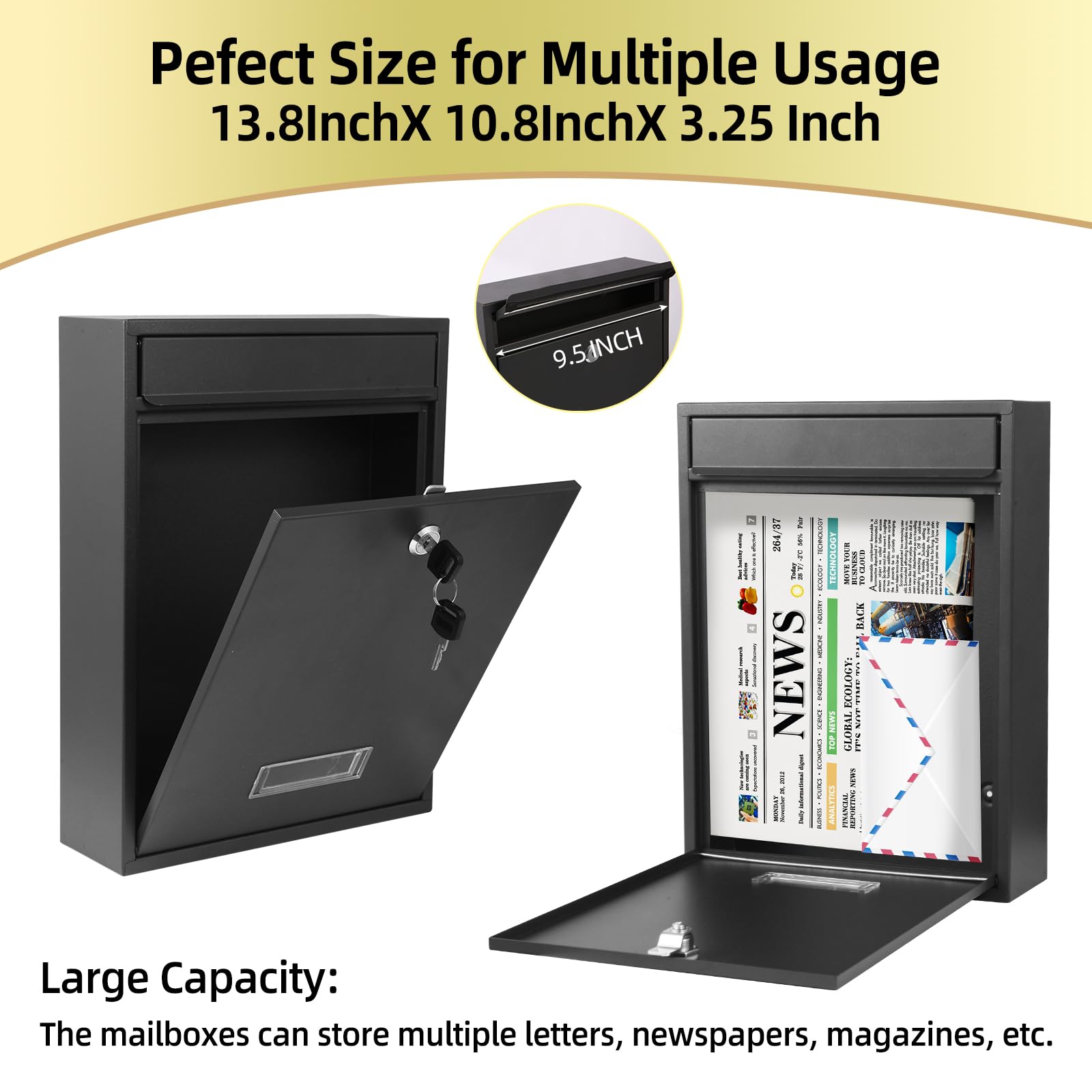 Secure Locking Wall Mount Mailbox for Outside - Large Capacity Steel Metal Postbox with Key & 3 Sets 0-9 Numbers (13.8