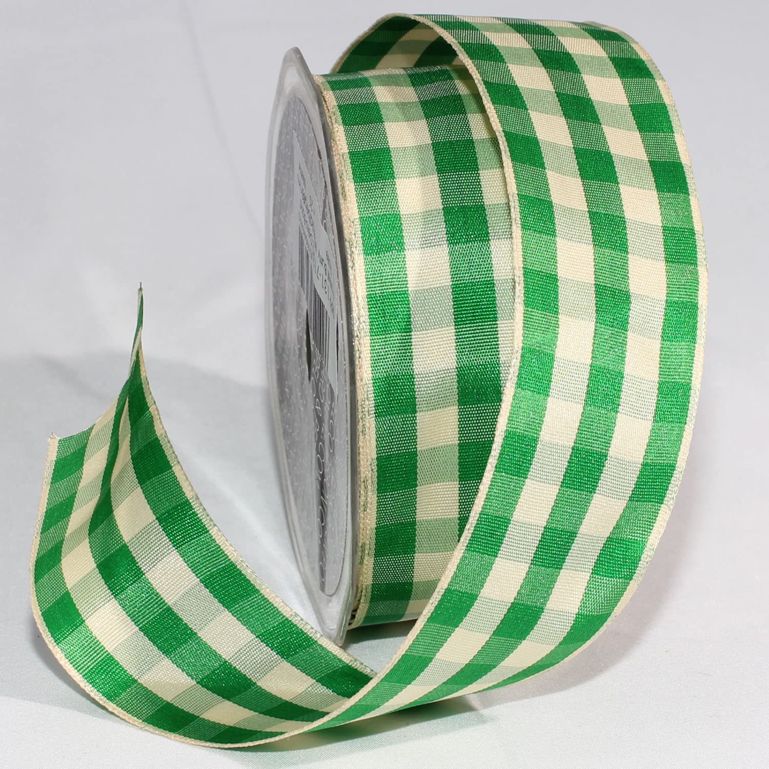 Green and Ivory Gingham Wired Woven Edge Ribbon 1.5 Inch x 27 Yards - Perfect for Gift Wrapping, DIY Crafts, Wedding Decorations and Party Favors