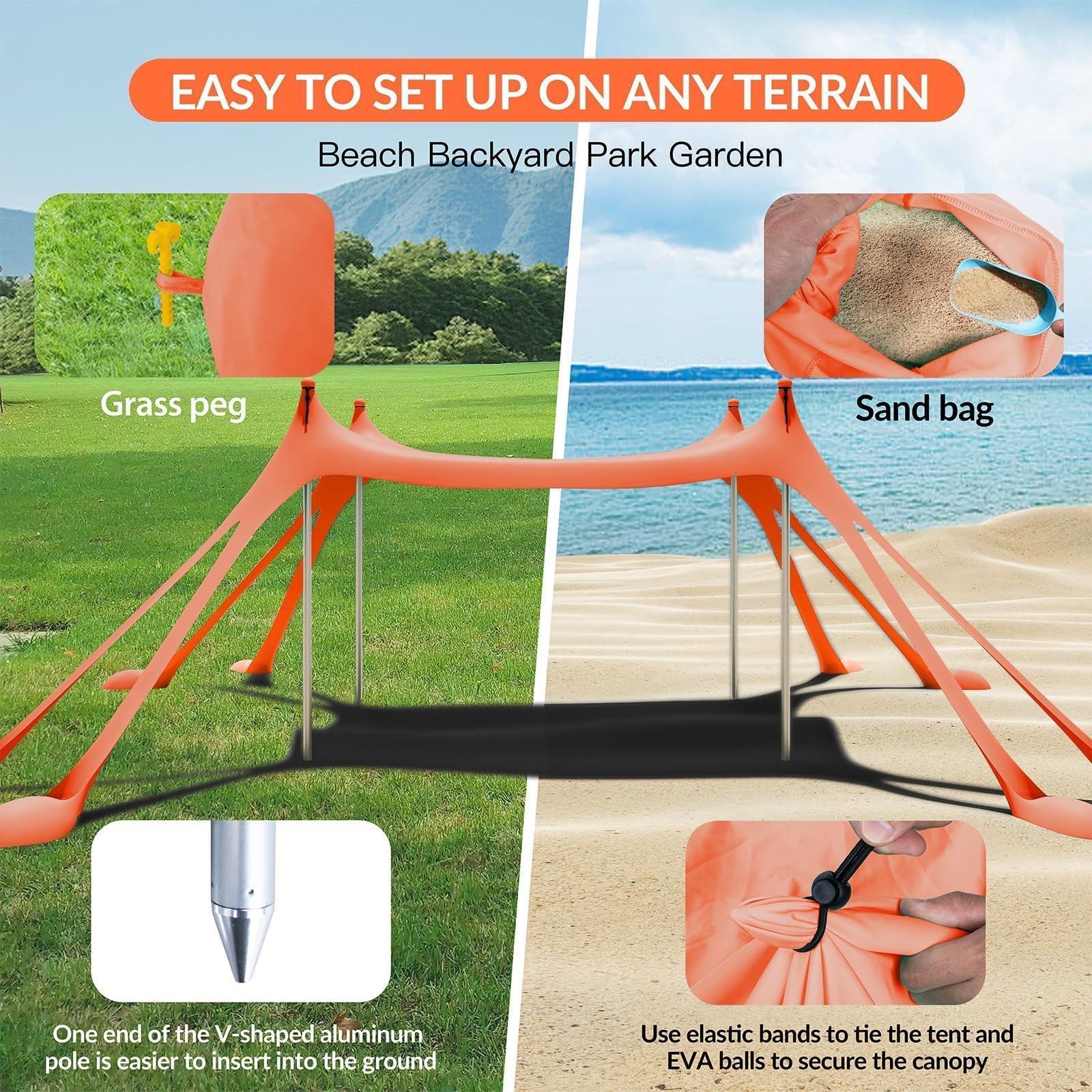 Gardentime Pop Up Beach Tent with 8 Sandbags & 4 Aluminum Poles - Portable Sun Shelter for Camping, Easy Setup Includes 2 Sand Shovels, Ground Pegs & Carrying Bag - Perfect for Outdoor Beach Trips, Picnics, Fishing and Family Vacations