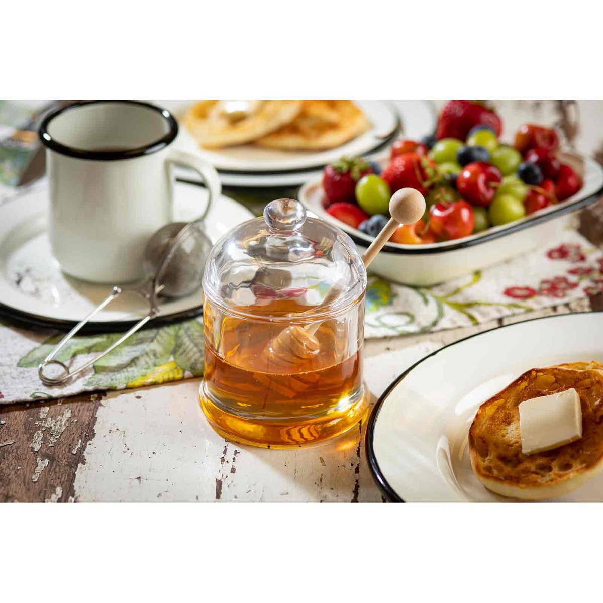Premium Honey Dipper Set with Glass Jar & Wooden Stick - Natural Honey Drizzler for Tea, Coffee, Yogurt & Desserts - Perfect Kitchen Gift for Honey Lovers