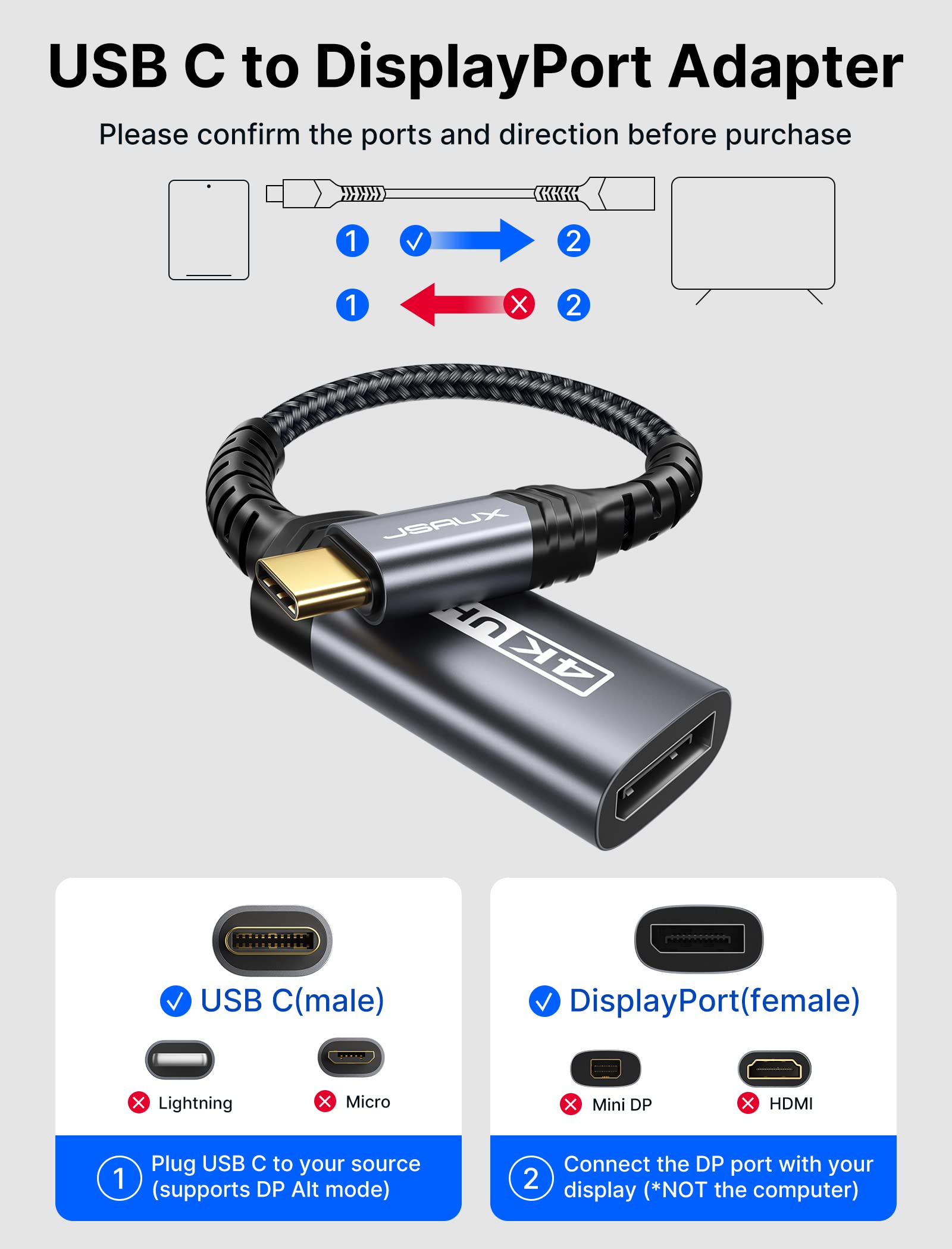 JSAUX USB C to DisplayPort Adapter 4K@60Hz, Thunderbolt 3 to DP Cable for MacBook Pro/Air, iPhone 15, Dell XPS, Surface, Samsung Galaxy - Grey | Perfect for Home Office, Gaming & 4K Video Streaming