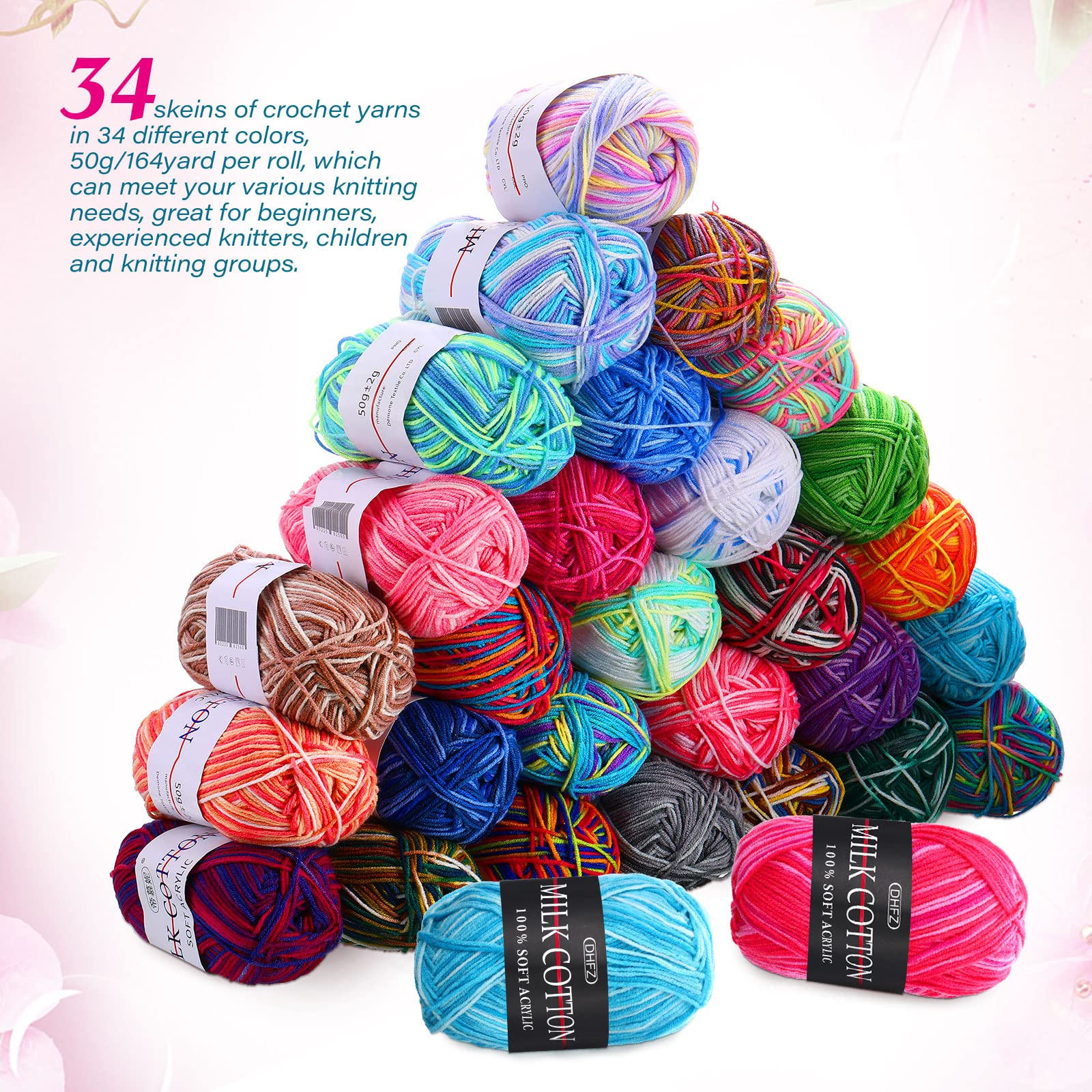 Fabbay 34 Rolls Soft Rainbow Milk Cotton Yarn for Crocheting & Knitting - DIY Craft Projects, Blankets, Scarves, Hats & Home Decor
