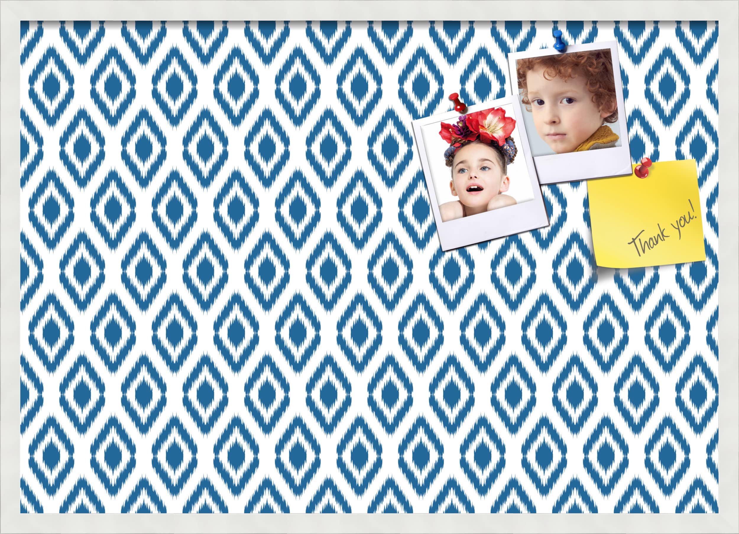 PinPix 34x24 Inch Cork Bulletin Board with Ikat Navy Design & Satin White Frame - Decorative Wall Pin Board for Home Office School Decor - Perfect for Notes, Photos & Memos in Bedroom, Classroom or Workspace