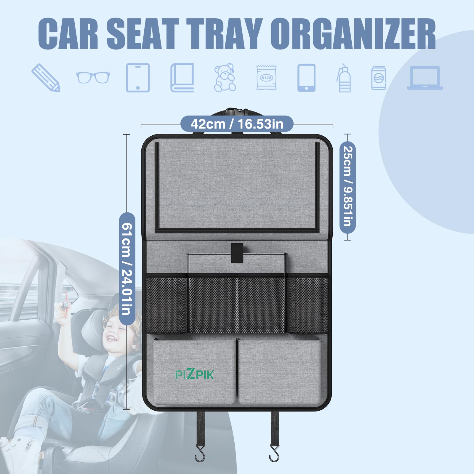 Car Backseat Organizer with Tablet Holder - 11 Storage Pockets & Foldable Food Tray - Kids Kick Mats Protector - Travel Accessories Organizer (Gray, 2 Pack) - Perfect for Road Trips, Family Travel & Keeping Kids Entertained