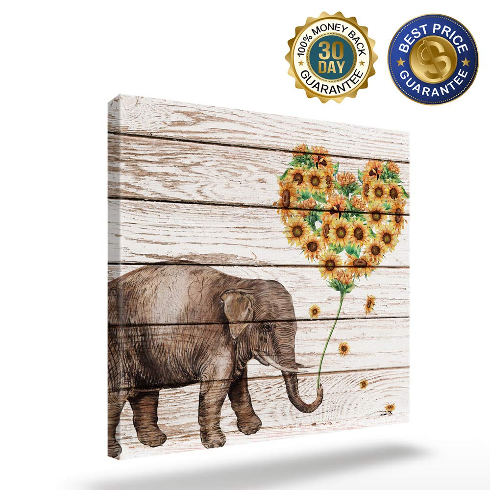 Elephant Canvas Wall Art - 28x28 Inch Framed Heart Shaped Sunflower Wooden Board Print - Perfect for Bedroom, Living Room & Office Decor | Home Wall Decorations & Gift Ideas