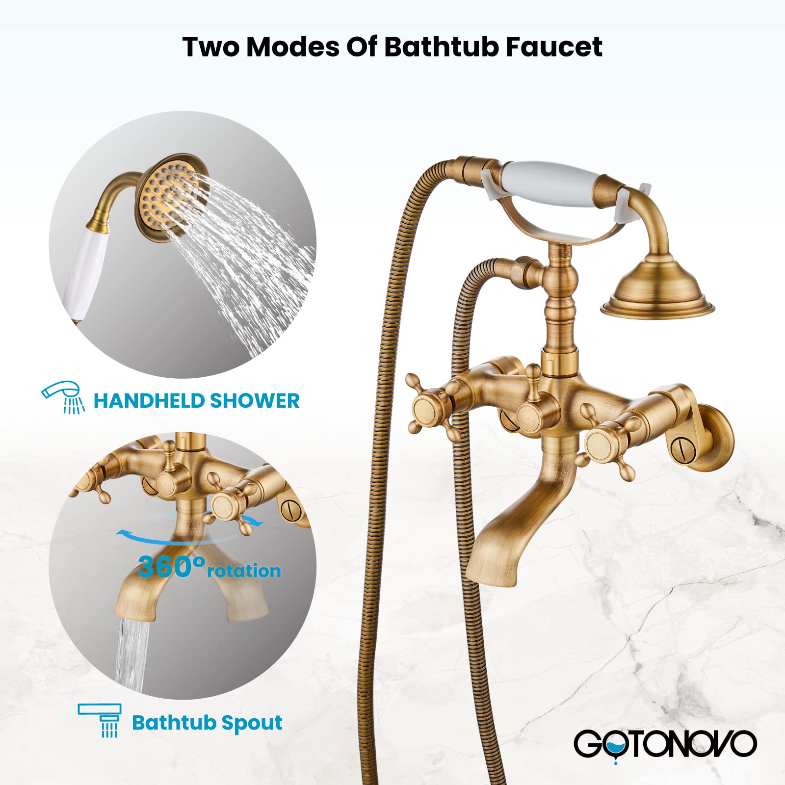 Gotonovo Victorian Clawfoot Bathtub Faucet Set - 6 Inch Center Adjustable Swing Arms, Handheld Shower & Double Cross Handle in Antique Brass - Perfect for Vintage Bathroom Renovations and Luxury Spa Experiences