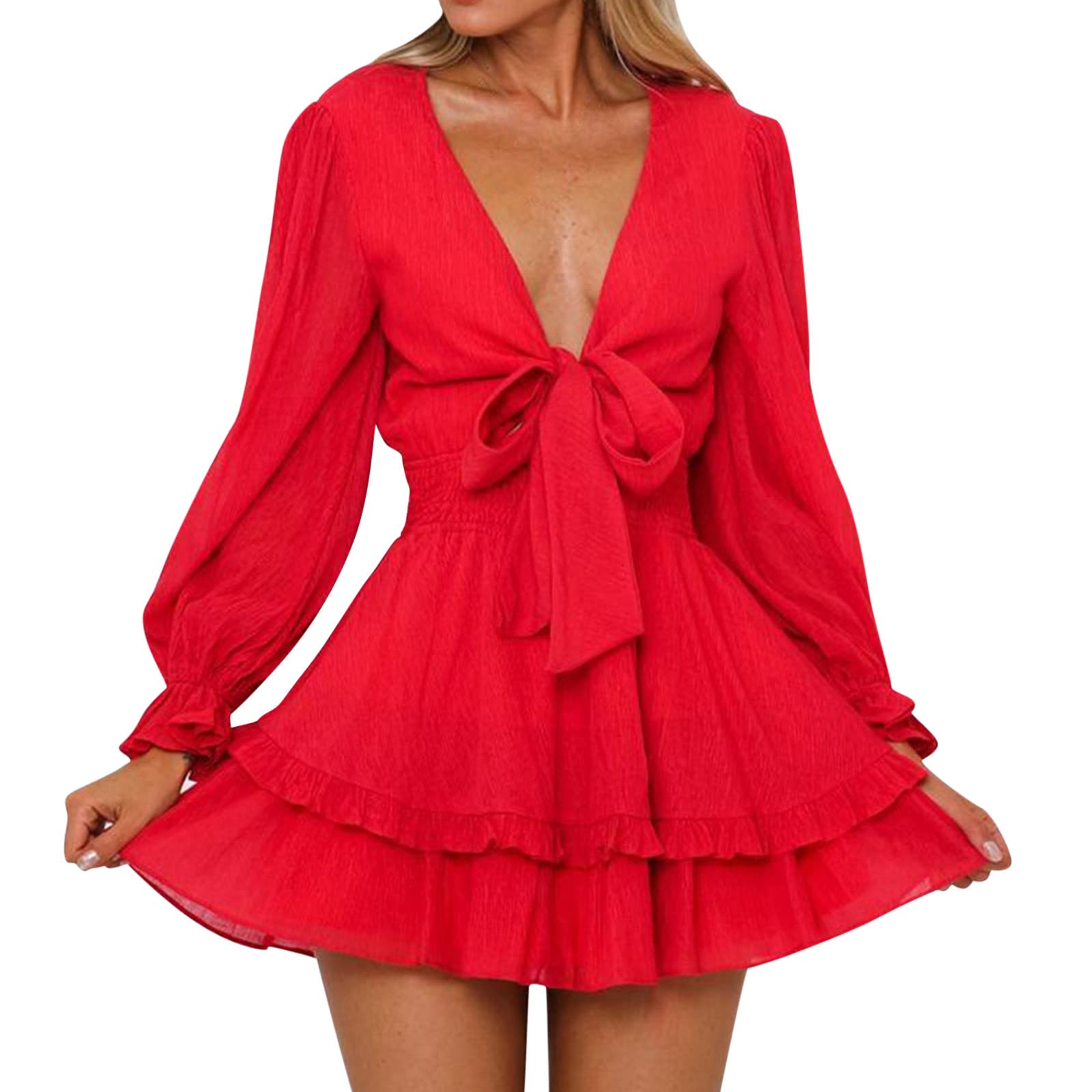 Women's Floral Print Knot Front V-Neck Ruffled Mini Swing Dress - Spring Summer Long Sleeve Wolf Dress for Women | Casual Wear, Date Night, Office Outfit