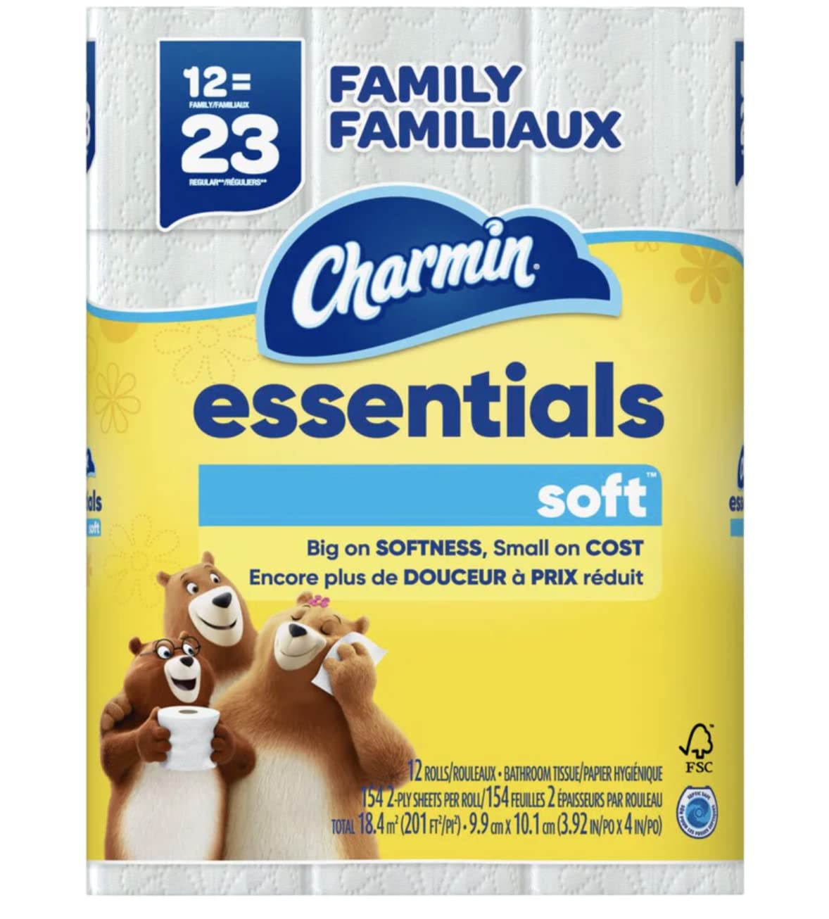 Charmin Essentials Soft Toilet Paper - 12 Family Rolls (Equivalent to 23 Regular Rolls) | Ultra Soft & Strong Bath Tissue for Home & Office Use