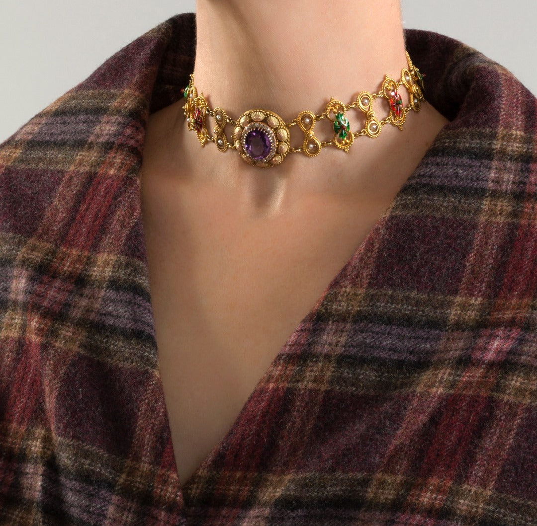 Exquisite Amethyst & Basse Taille Enamel Gold Plated Necklace for Women | Elegant Jewelry Gift for Birthday, Anniversary & Special Occasions
