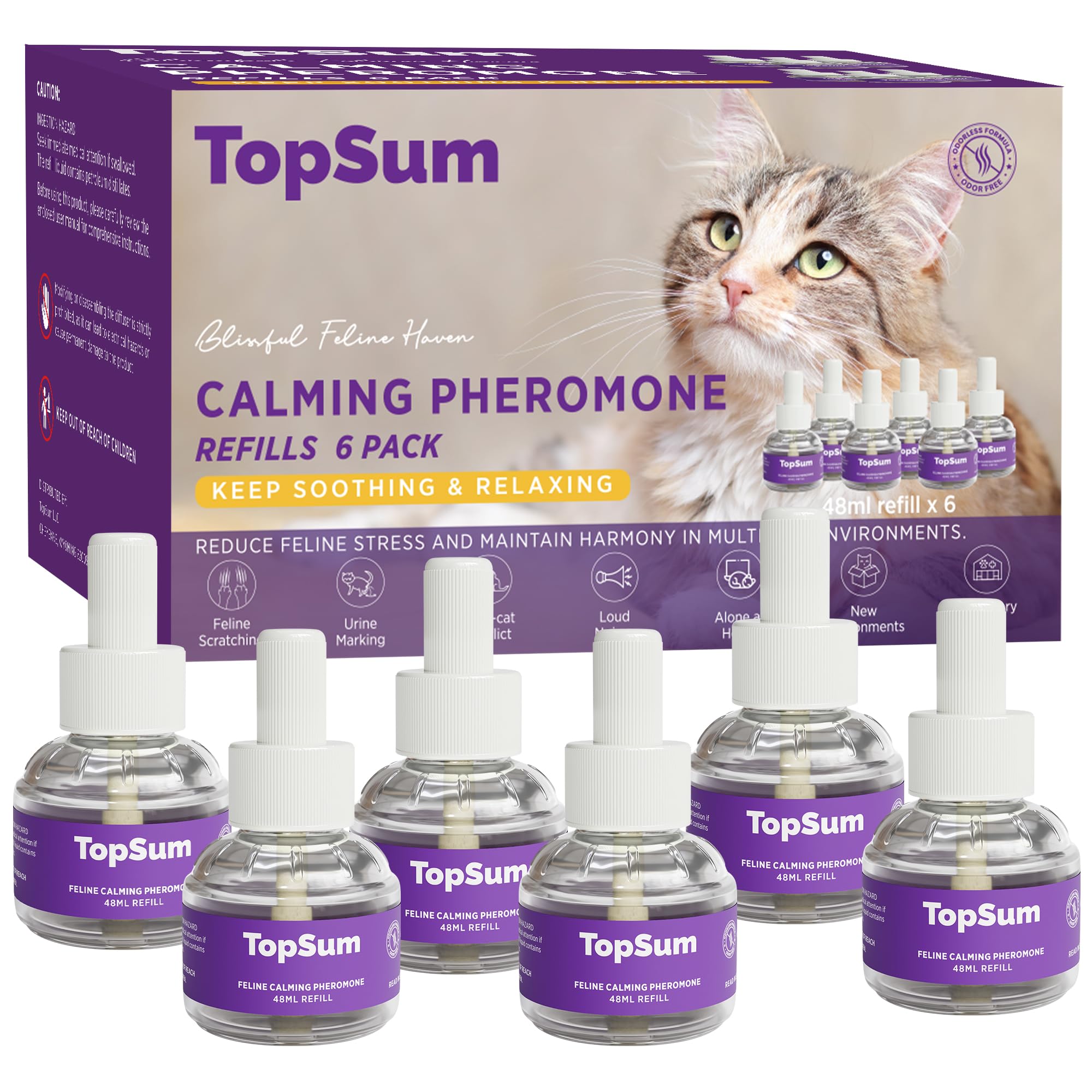 Premium Cat Calming Diffuser Refills (6 Pack) – Vet-Recommended Pheromones for Cat Anxiety Relief – Lasts 4 Months – Stress-Free Home & Travel Solution for Nervous Cats (Purple)